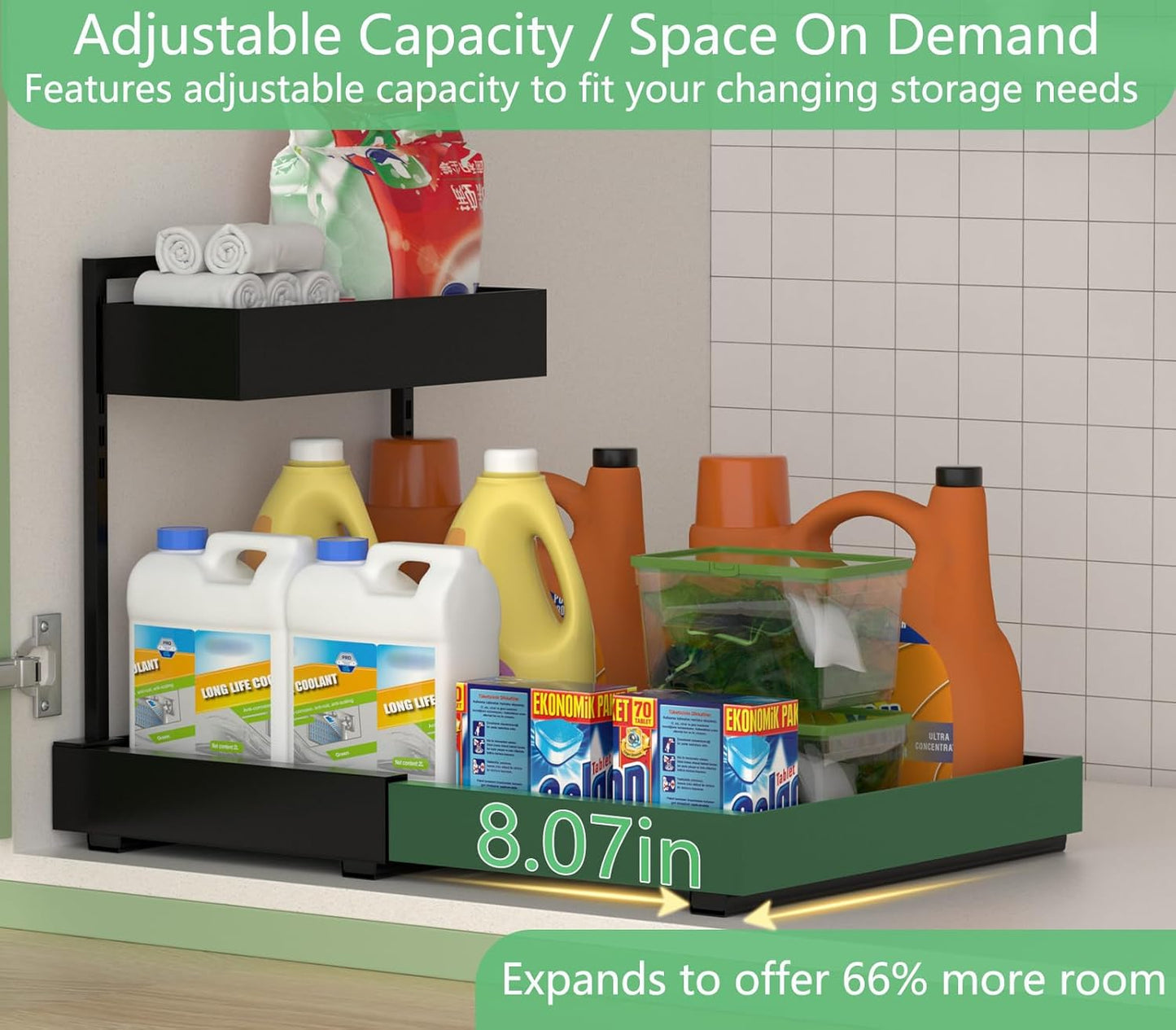 Under Sink Organizer and Storage, All Metal Heavy Duty Expandable Storage Basket, 2 Tier Bathroom Cabinet Organizer, Height Adjustable, Easy Pull Out, Black, 2 Pack