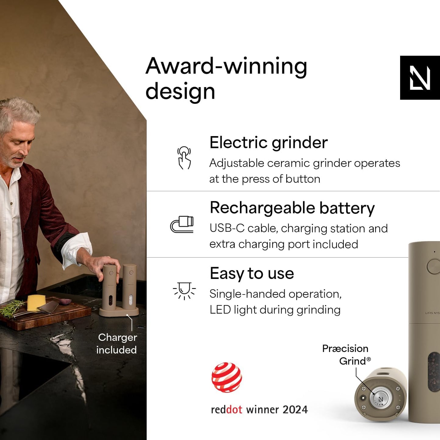 LARS NYSØM Electric Salt and Pepper Grinder Set, USB Rechargeable, Automatic Salt and Pepper Mills, Spice Shakers Refillable with LED Light, Adjustable Coarseness, Ceramic Grinder (Taupe Brown)