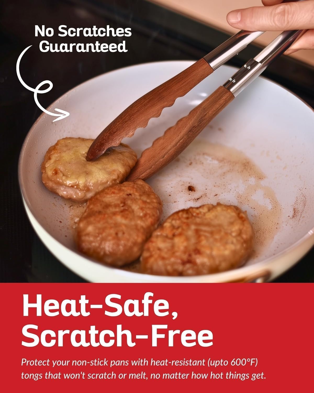 Boxiki Kitchen 9 Inch Tongs for Cooking with Wooden Tips - Nonstick Kitchen Tongs for Serving Food, Grilling, Cooking, BBQ and Tossing Salad - Made of Natural Walnut Wood