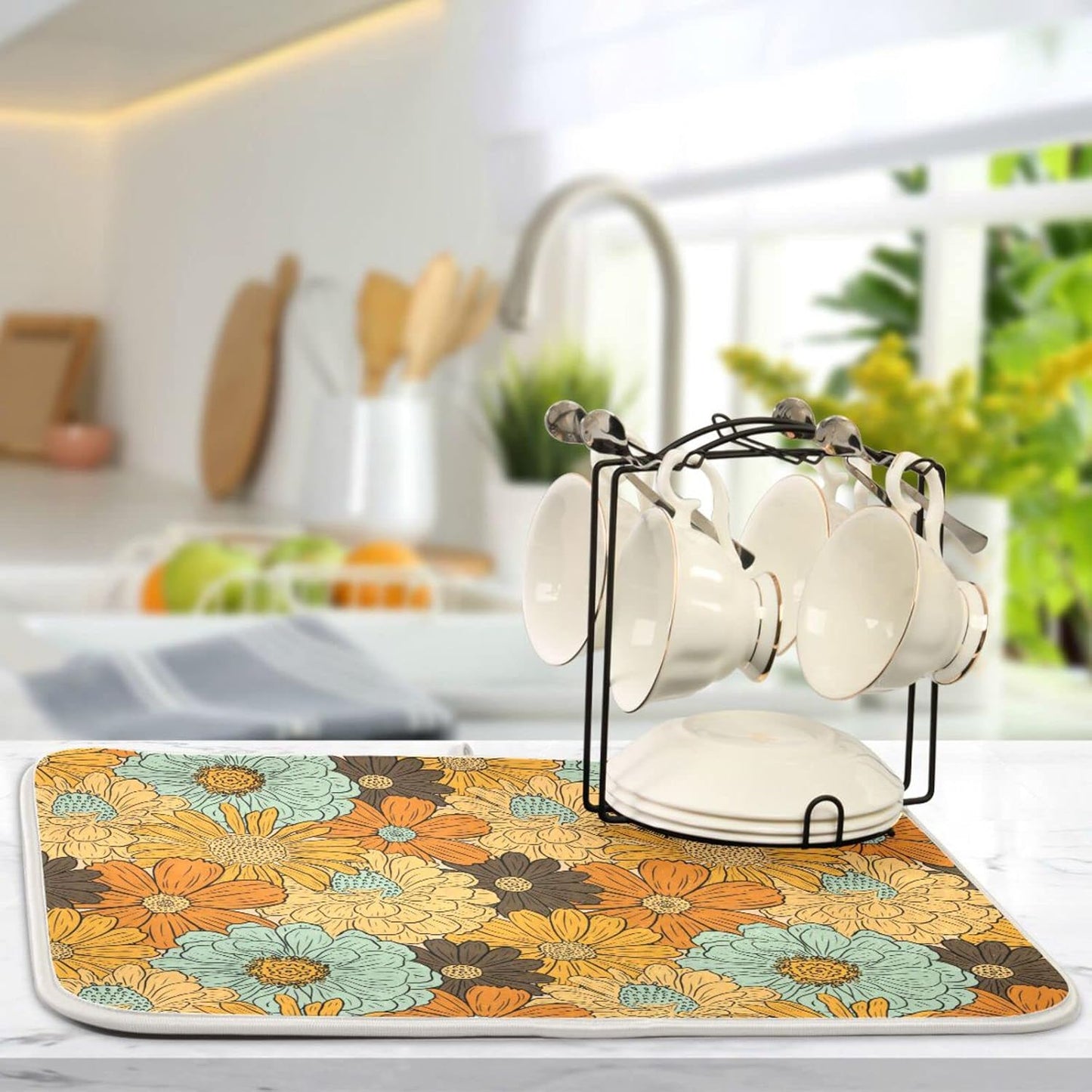 senya Super Absorbent Dish Drying Mat, Microfiber Fast-Drying Dish Mat, 24'' x 18'', Kitchen Dish Drying Pad, Retro Flower Daisy, (g289343300p523c558s1114)