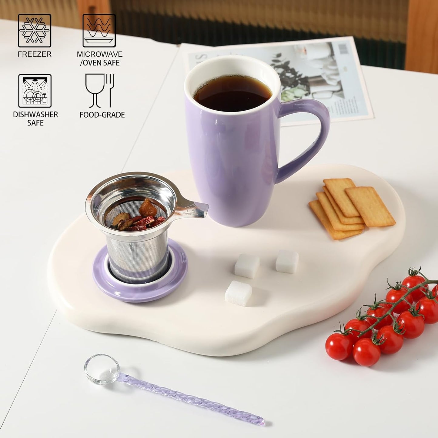 Sweejar Porcelain Tea Infuser Mug with Lid, 20 oz Teacup with Strainers for Loose Leaf Tea, Microwave and Dishwasher Safe Coffee Mug(Purple)