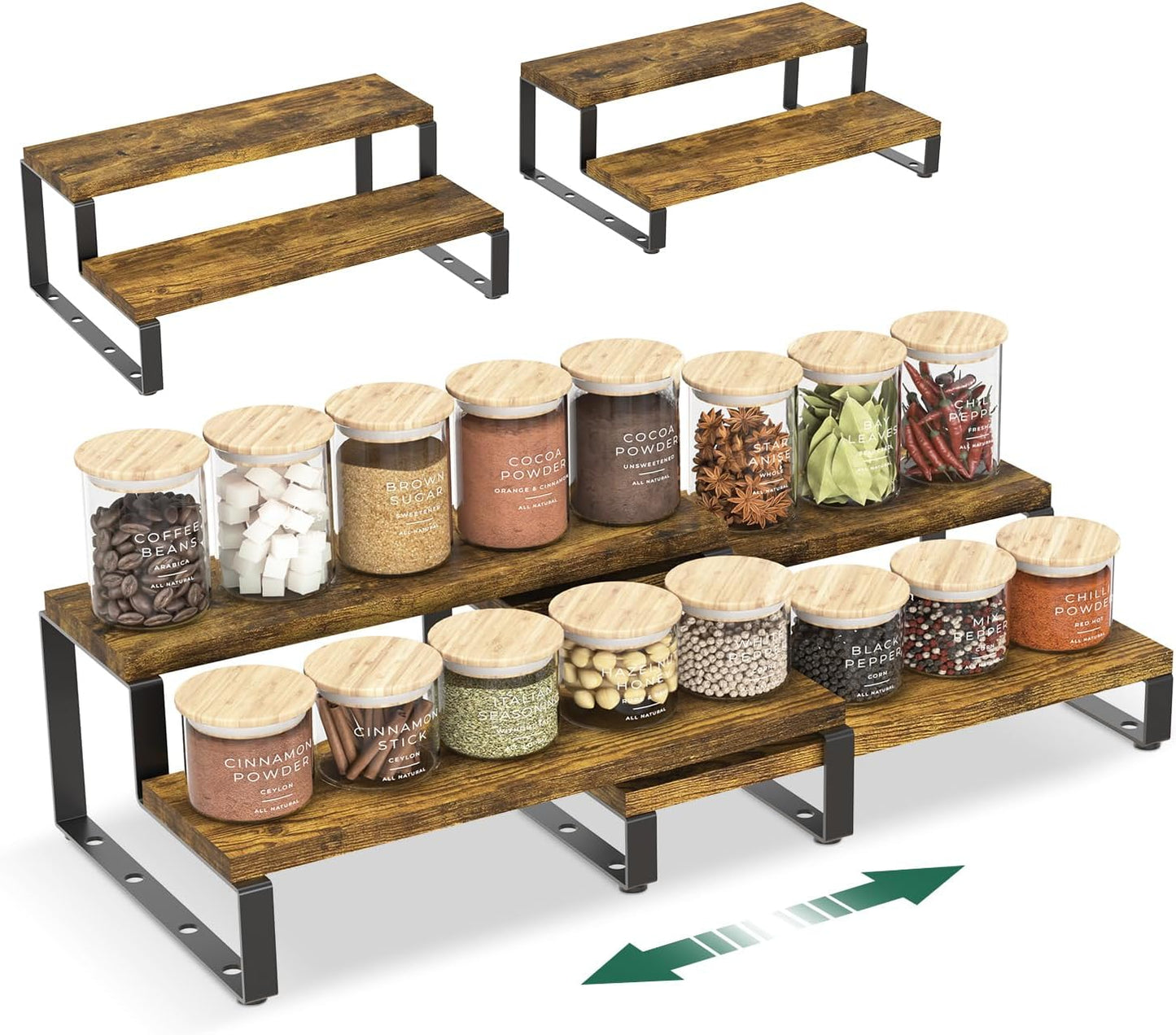 EsLuker.ly Spice Seasoning Rack Organizer Kitchen Countertop, Set of 2 Expandable Wood Spice Shelf Holder Storage, 2 Tier Freestanding Stand for Pantry, Quick Access(Jars Not Included)