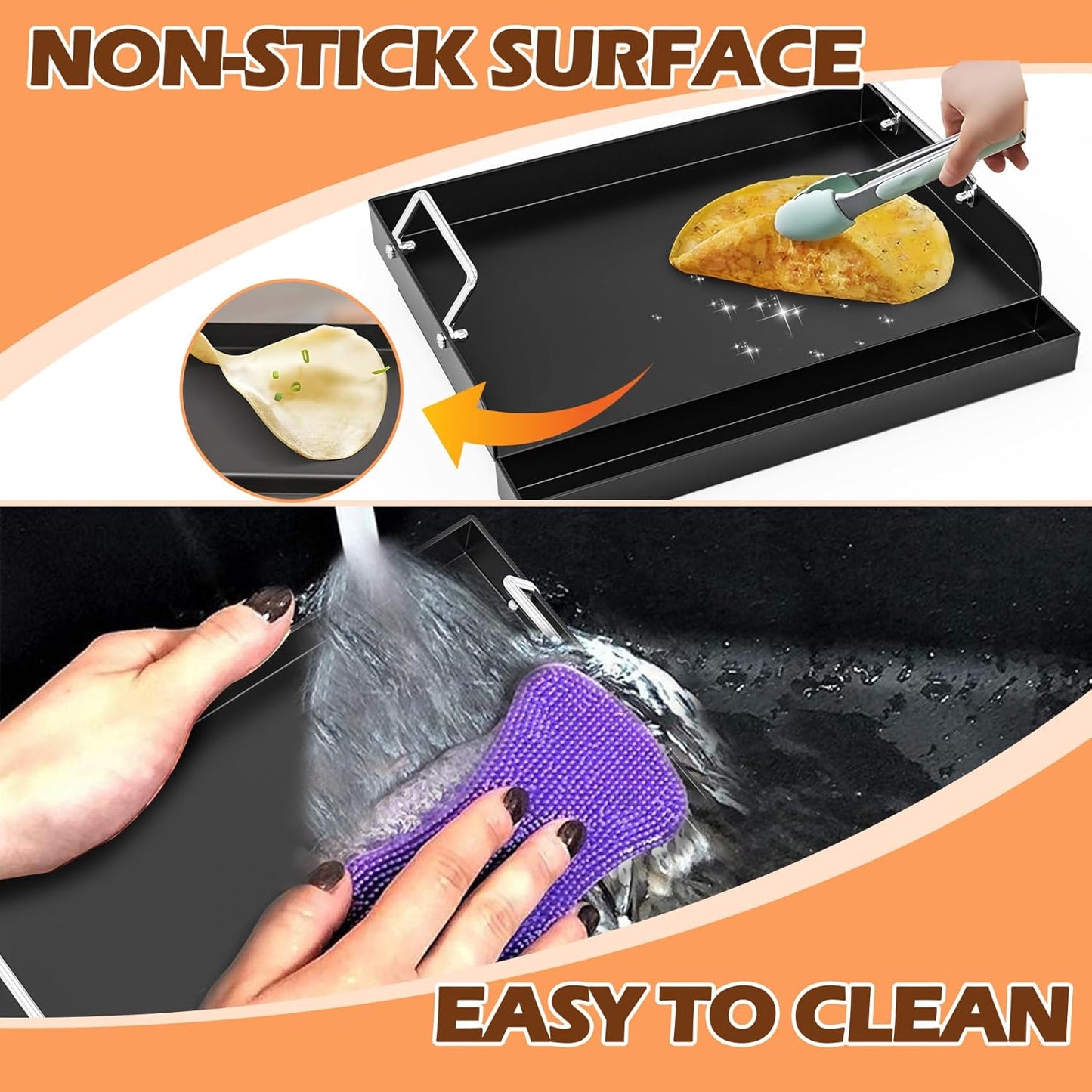 Flat Top Griddle Insert for Outdoor Gas Grill, Universal Cast Iron Griddle for Charcoal Grill, 17" x13" Nonstick Coating Plate with Handle & Grease Groove, for Camping Tailgating