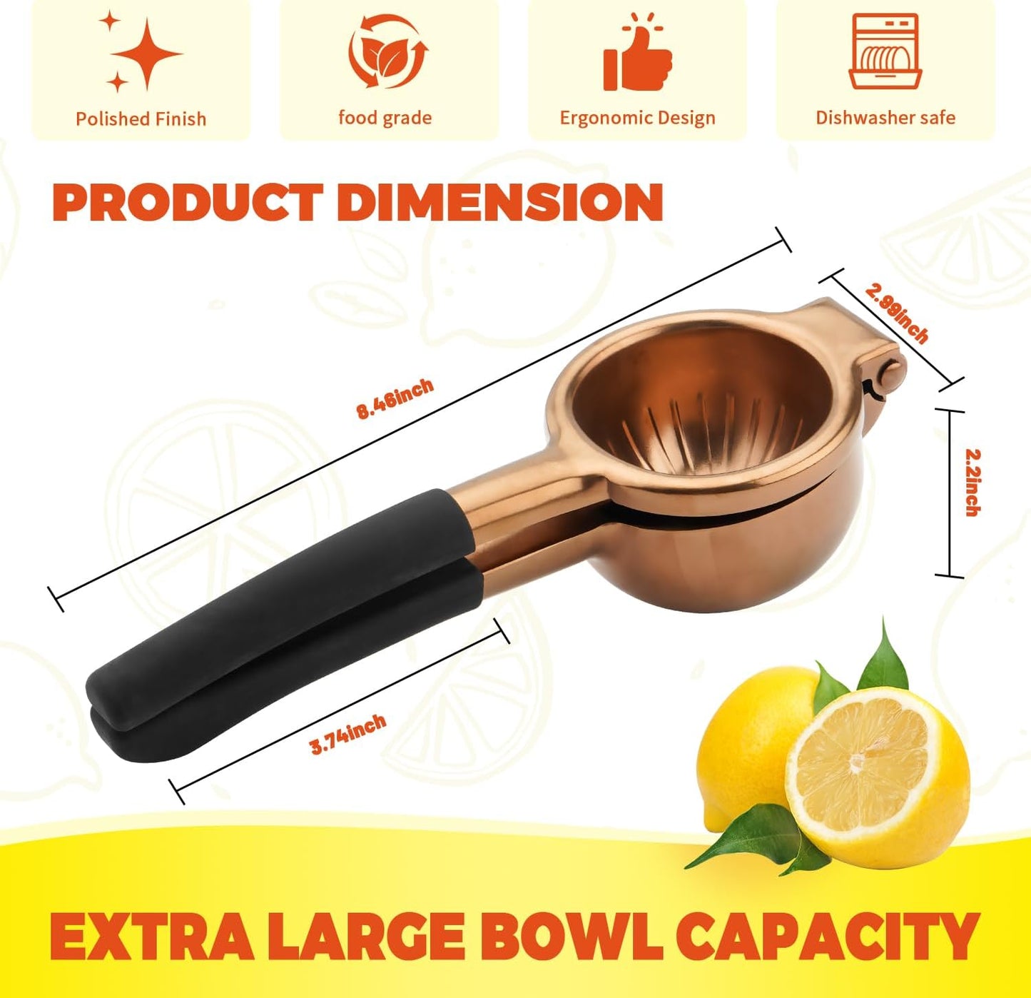 Lemon Squeezer,304 Stainless Steel Citrus Press Juicer,Non-Slip Grip Design Manual Juicer,Heavy Duty Manual Citrus Press Juicer & Lime Squeezer-Rose Gold & BLack