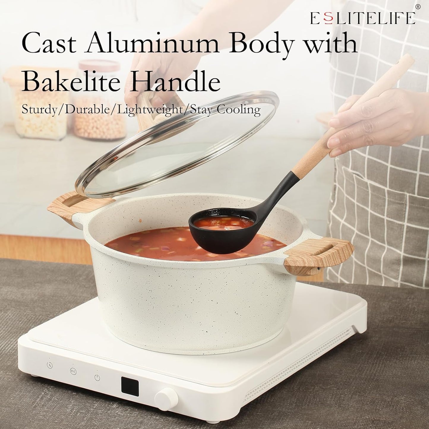 ESLITE LIFE Nonstick Stock Pot with Lid, 5 Quart Granite Casserole Large Soup Pot Pasta Cooking Pot, Induction Compatible, PTFE & PFOA Free, White