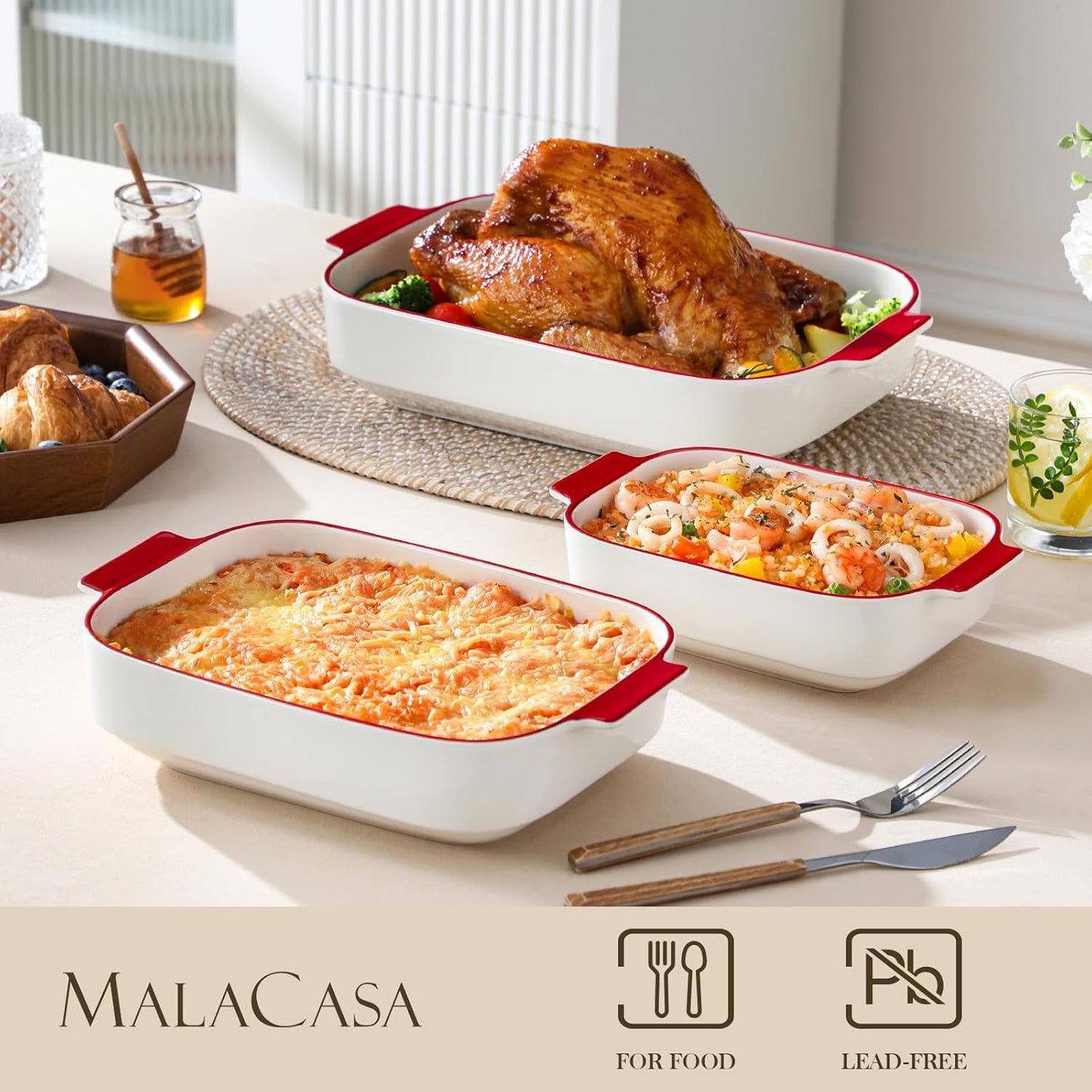 MALACASA Casserole Dishes for Oven, Ceramic Baking Dishes Set of 3, Rectangular Lasagna Pan Deep Baking Pans, Bakeware Sets with Handles Gift Set, White with Red Trim (13.8''/11.7''/9.4''), Series BAKE