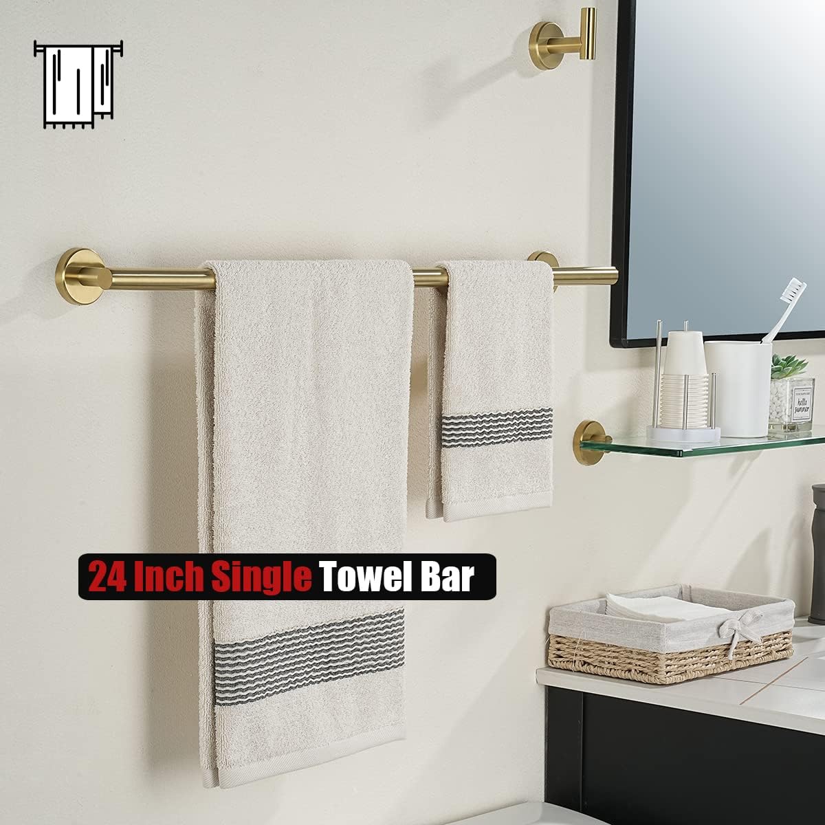 JQK Bath Towel Bar, 27 Inch Brushed Light Gold Towel Rack Bathroom, 304 Stainless Steel Thicken 0.8mm Towel Holder Wall Mount, Useable Length 24 Inch 2 Pack, TB110L24-BG-P2