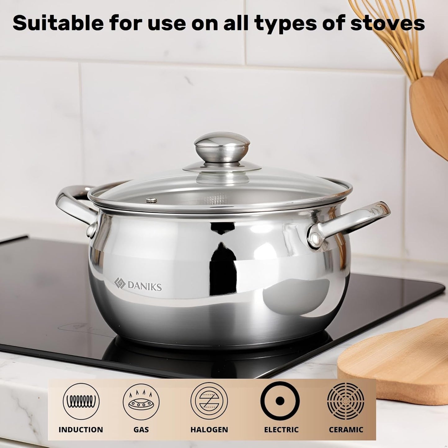 Daniks Classic Stainless Steel Stock Pot with Glass Lid – Induction 4 Quart, Dishwasher Safe, Measuring Scale, For Soup, Pasta, Stew, Silver