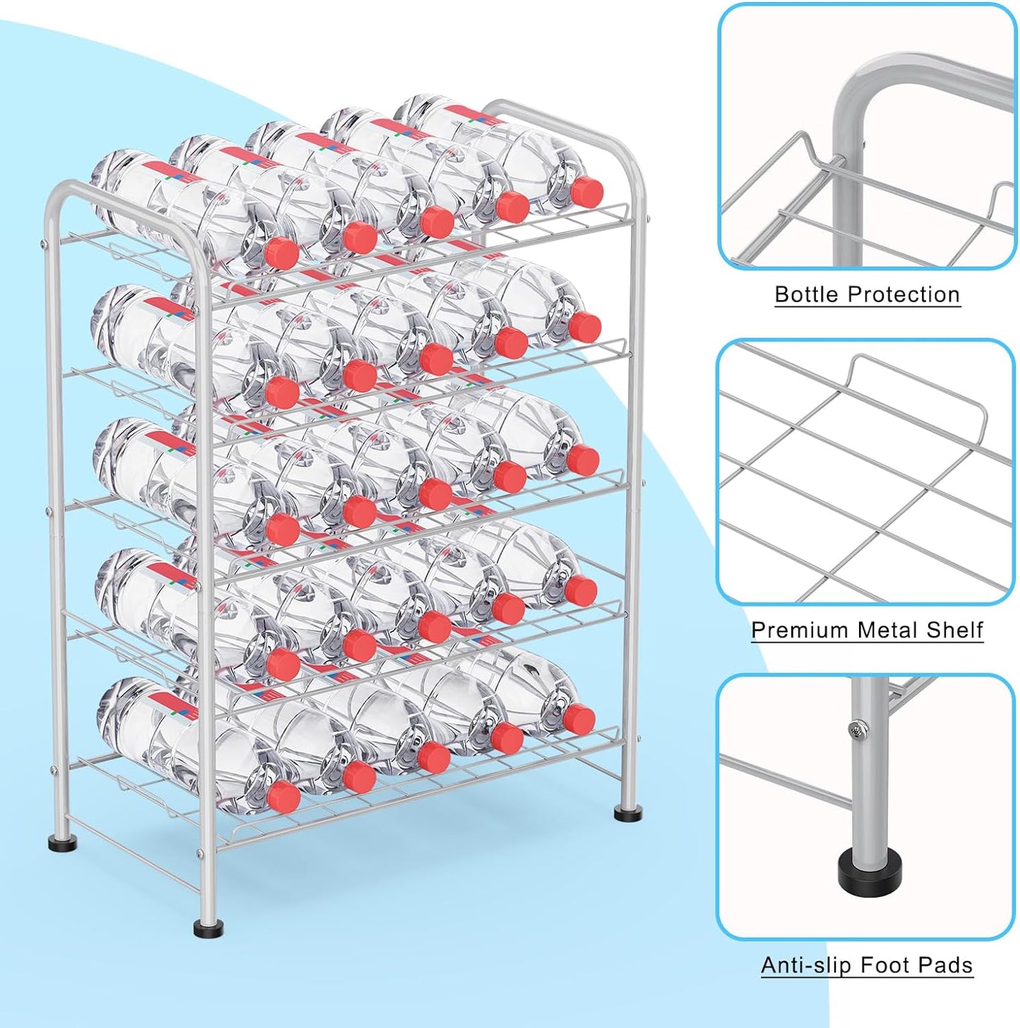 5 Tier Water Bottle Organizer Small Water Bottle Holder Stand Freestanding Metal Bottled Water Rack Dispenser for Kitchen, Pantry Organization and Storage, Silver