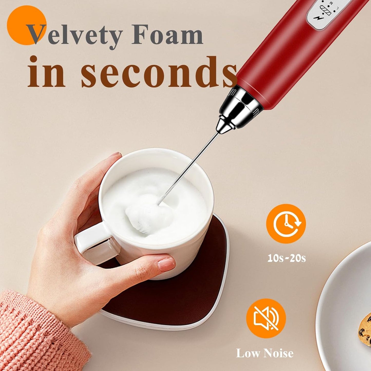 Milk Frother Handheld Rechargeable, Frother Wand Drink Mixer Electric Whisk for Coffee, Detachable With 3 Stainless Whisks, Hand Mixer for Lattes, Cappuccino, Matcha, Egg, No Stand, Red