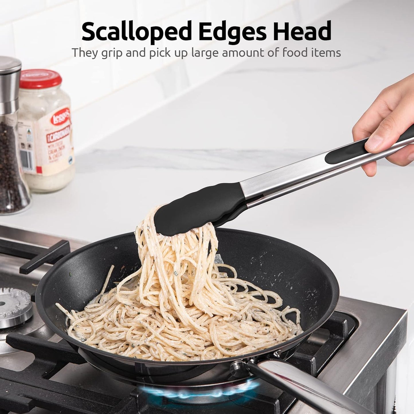 600ºF Heat Resistant Kitchen Tongs: U-Taste 9+12 inch Silicone Cooking Tong Set with Firm Sealed Non Stick Rubber Tips and Silicon Coated 18/8 Stainless Steel Handle for Serving Grilling Salad (Black)