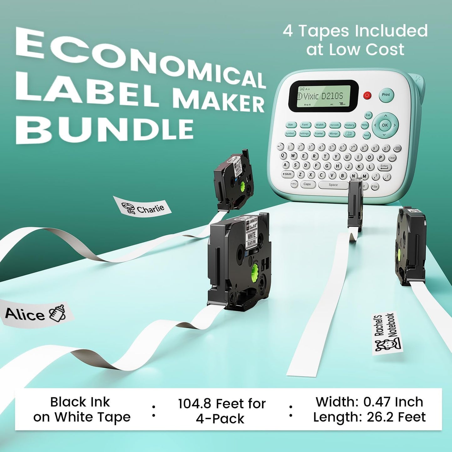 Label Maker, D210S Label Maker Machine with 4 Laminated Tapes, 12mm Labeler Labelmaker with QWERTY Keyboard, Print Different Fonts Frame Barcode for Home Office School, Green