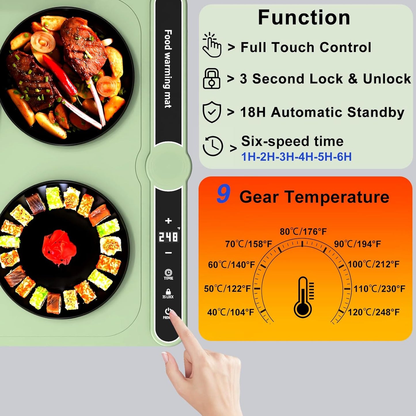 Warming Mat for Food, Rollable Electric Warming Trays for Food with 9 Temperature Settings, Heating Fastly in 10S, Food Warmer Using for Buffets Party and Home Daily, Green