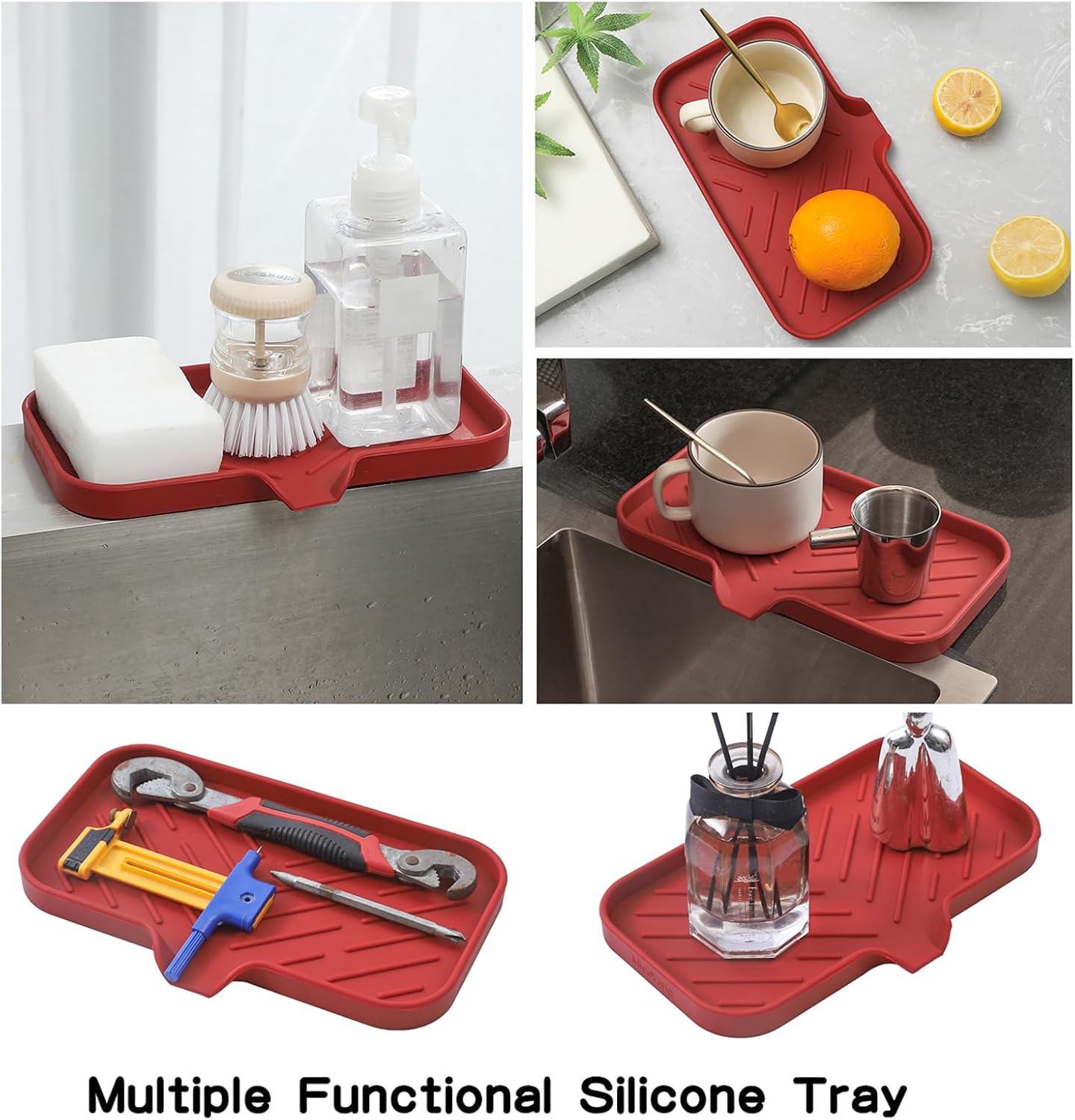 Silicone Bathroom Soap Dishes with Drain Spout-Bathroom and Kitchen Sink Organizer,Sponge Holder,Dish Soap Tray,Perfect for Dispenser,Scrubber,Bottle,Cup on Sink or Counter-Red 9.6"×5.3"