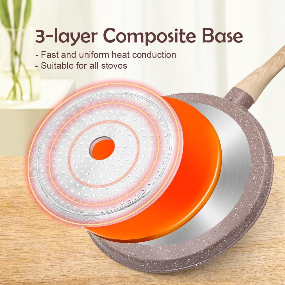 Nonstick Ceramic Crepe Pan, 8 Inch Dosa Pan Pancake Pan with Detachable Handle Round Griddle - Brown