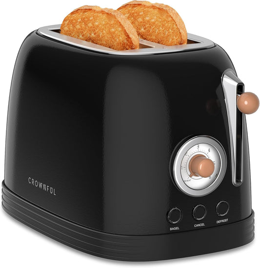 CROWNFUL 2-Slice Toaster, Extra Wide Slots Toaster, Retro Stainless Steel with Bagel, Cancel, Defrost, Reheat Function and 6-Shade Settings, Removal Crumb Tray, Black