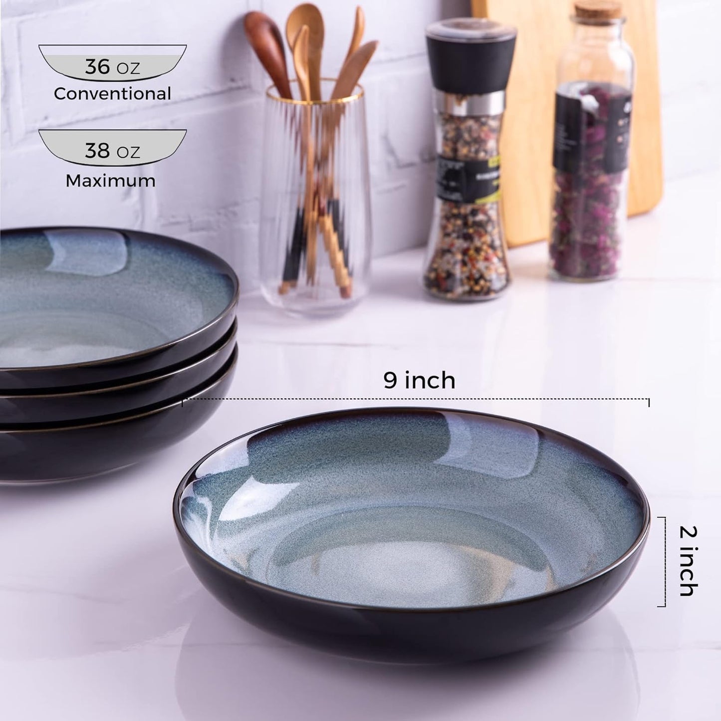 LERATIO Large Pasta Bowls,38oz Ceramic Pasta Bowls,9.0" Reactive Glaze Pasta Bowl Set of 6,Microwave & Dishwasher,Oven Safe,Wide Serving Bowls for Salad,Pasta,Fruit,Scratch Resistant-Gray White