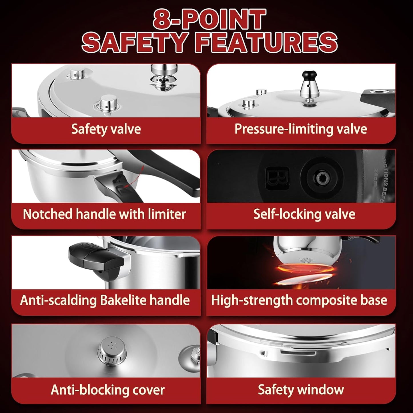 Stainless Steel Pressure Cooker 8 Quart, Stove Top & Induction Compatible, Heavy-Duty Multi-Safety System, Food-Grade for Home Commercial Use, Deeluban