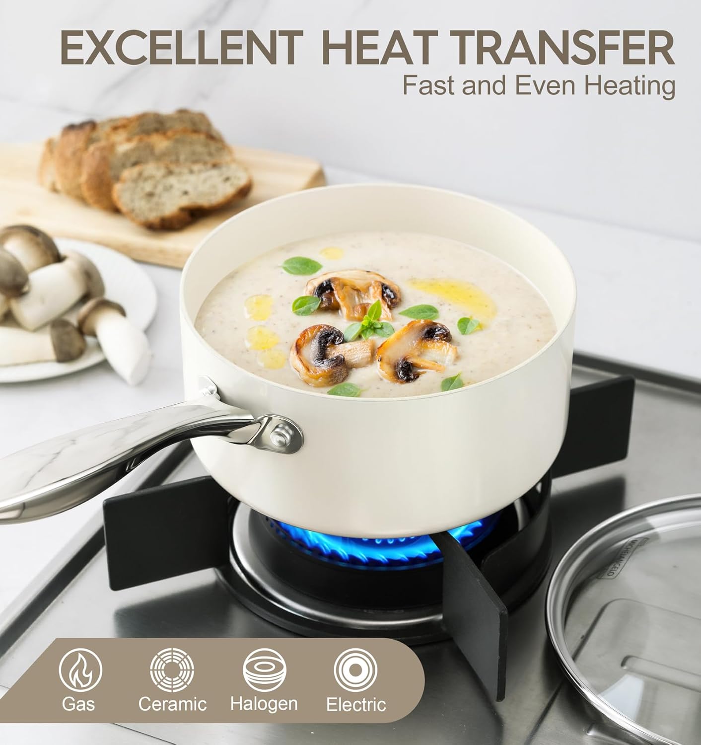 MICHELANGELO 3 Quart Saucepan with Lid, Induction Saucepan with Non-Toxic Ceramic Coating, Nonstick Sauce pan, 3 Qt Sauce pans with Lid, Oven Safe