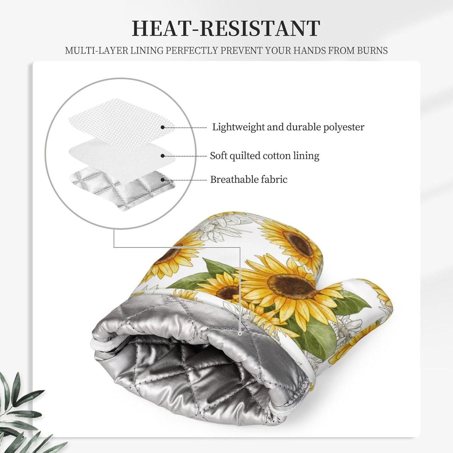 Yellow Sunflower Oven Mitts Pot Holders Set Silicone Heat Resistant Sunflowers Oven Mitts and Hot Pads Yellow Flowers Potholders Non-Slip Oven Gloves for Cooking Baking Grilling BBQ