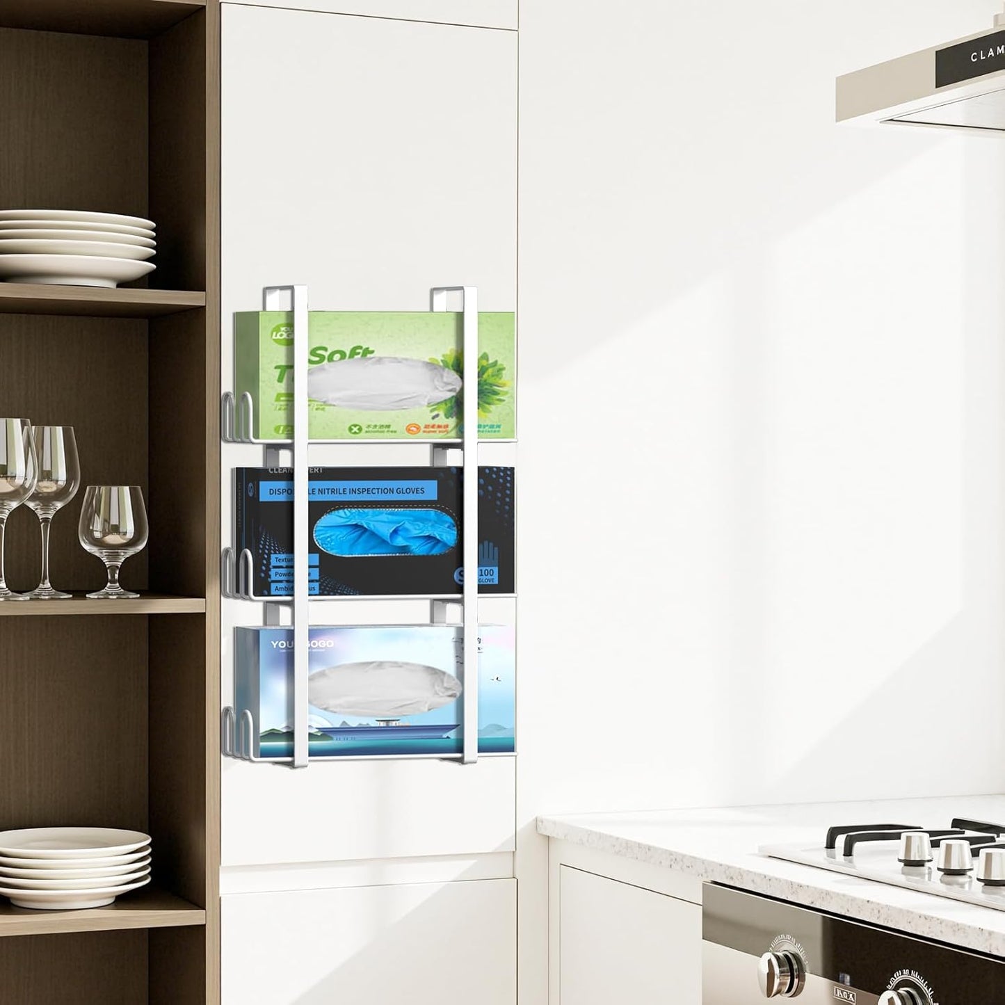 Glove Holder Dispenser for Wall Mount, White Metal Disposable Latex Gloves Holder for Lab, Wall-Mounted Rubber Box Holder, Tissue Rack for Kitchen and Garage