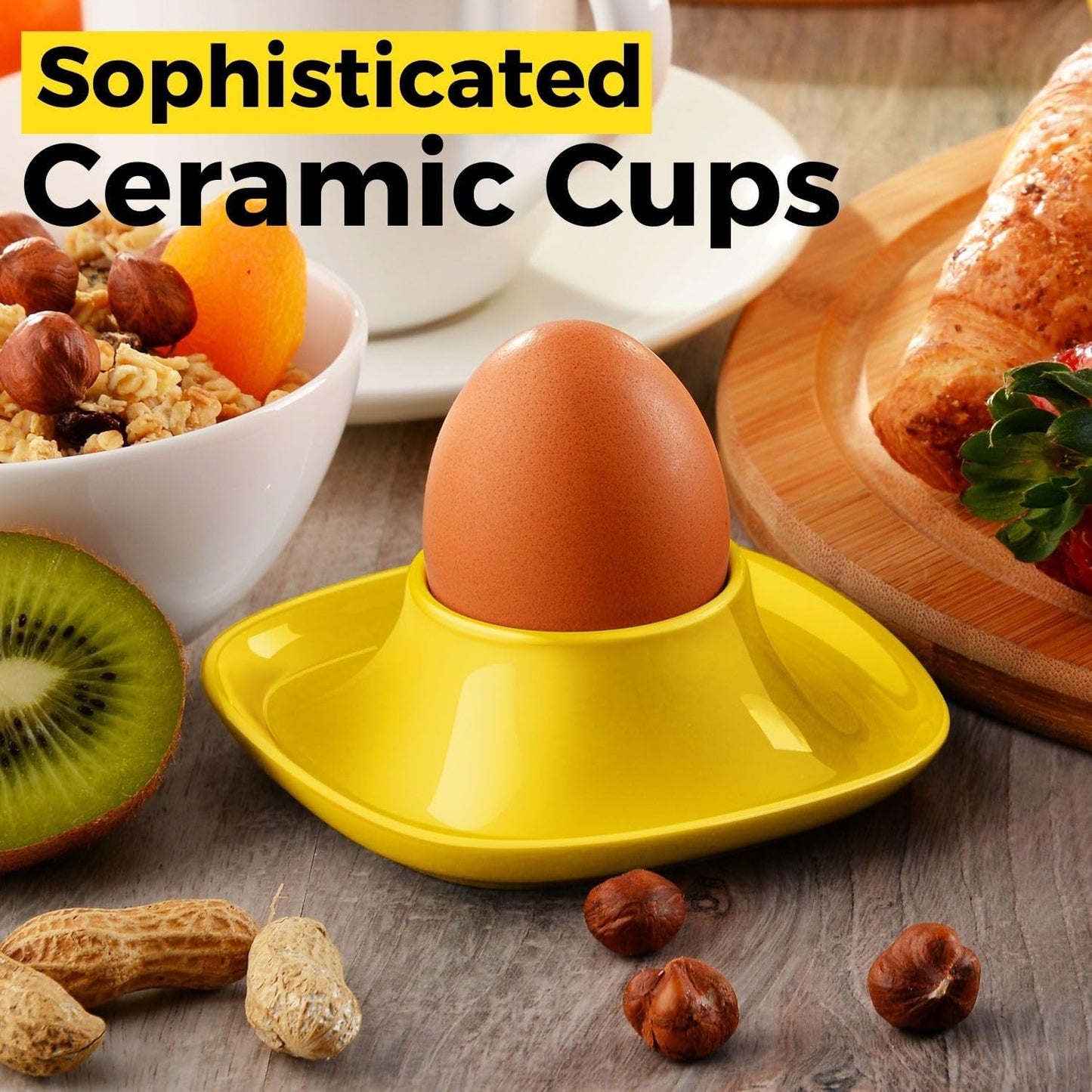Flexzion Egg Cups for Soft Boiled Eggs - Set of 6 Ceramic Egg Holder - Stackable Egg Coddler Cups with Base for Serving, Breakfast, Brunch - Kitchen Table Decor, Yellow