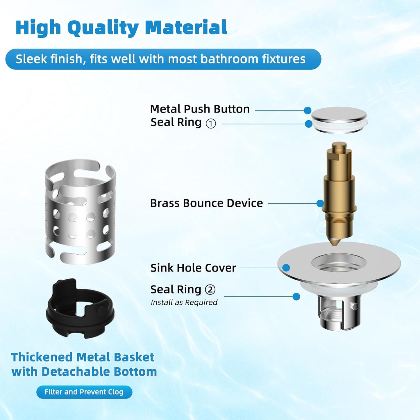 Universal Bathroom Sink Stopper Hair Catcher Upgraded with 2-Layer Detachable Filter Basket – 4 in 1 Pop Up Sink Drain Strainer, Anti-Clog, Odor-Block, Fit for 1.1''~2.36'' Sinks, 2PCS, Chrome