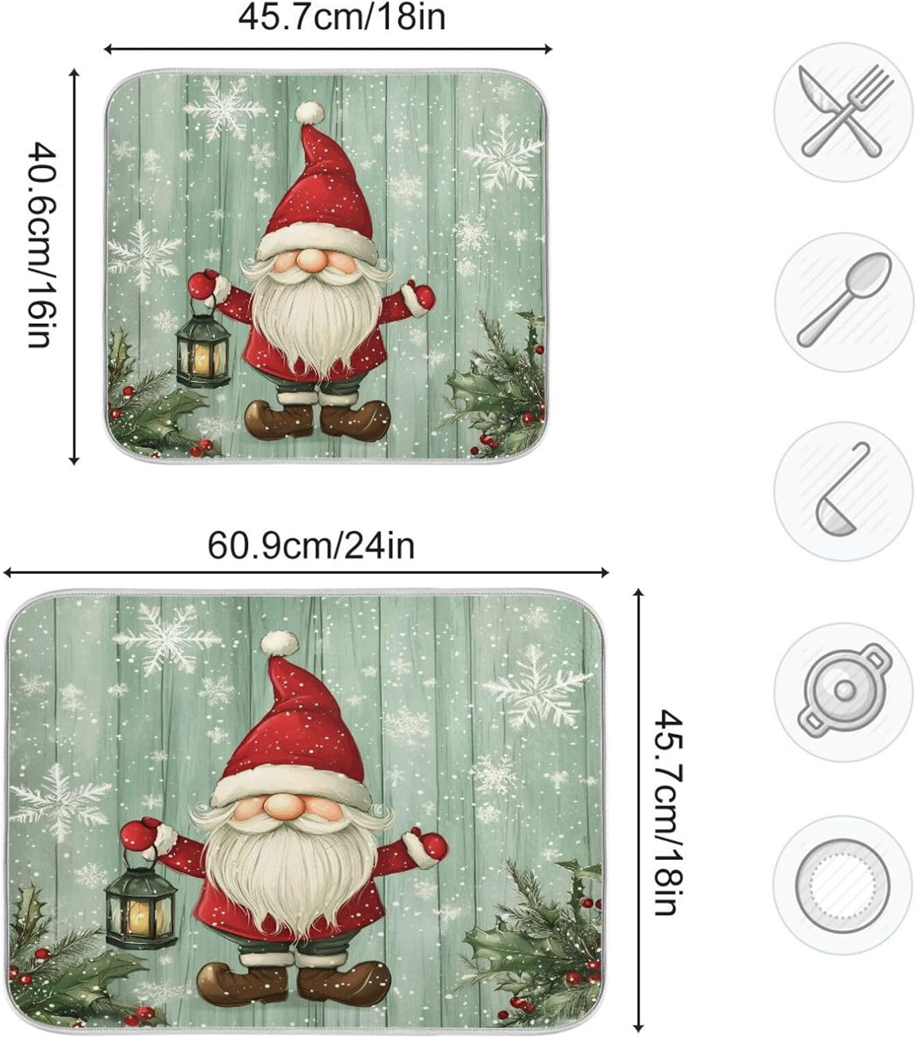 Christmas Gnome with Lantern Dish Drying Mat for Kitchen Counter Absorbent Microfiber Drying Pad, Large 18x24 in, Reversible Drainer Mats