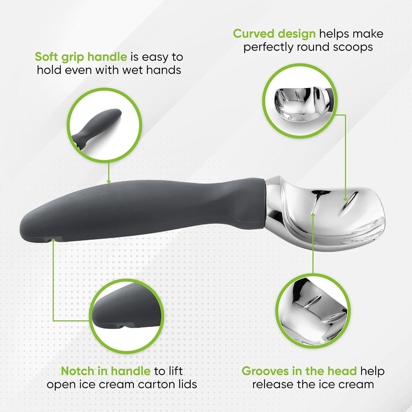 Spring Chef Gray Heavy Duty Ice Cream Scoop with Comfortable Soft Grip Handle, Dishwasher Safe Ice Cream Scooper, Professional Metal Kitchen Tool for Frozen Yogurt, Gelato, Sorbet, Sundae, Melon