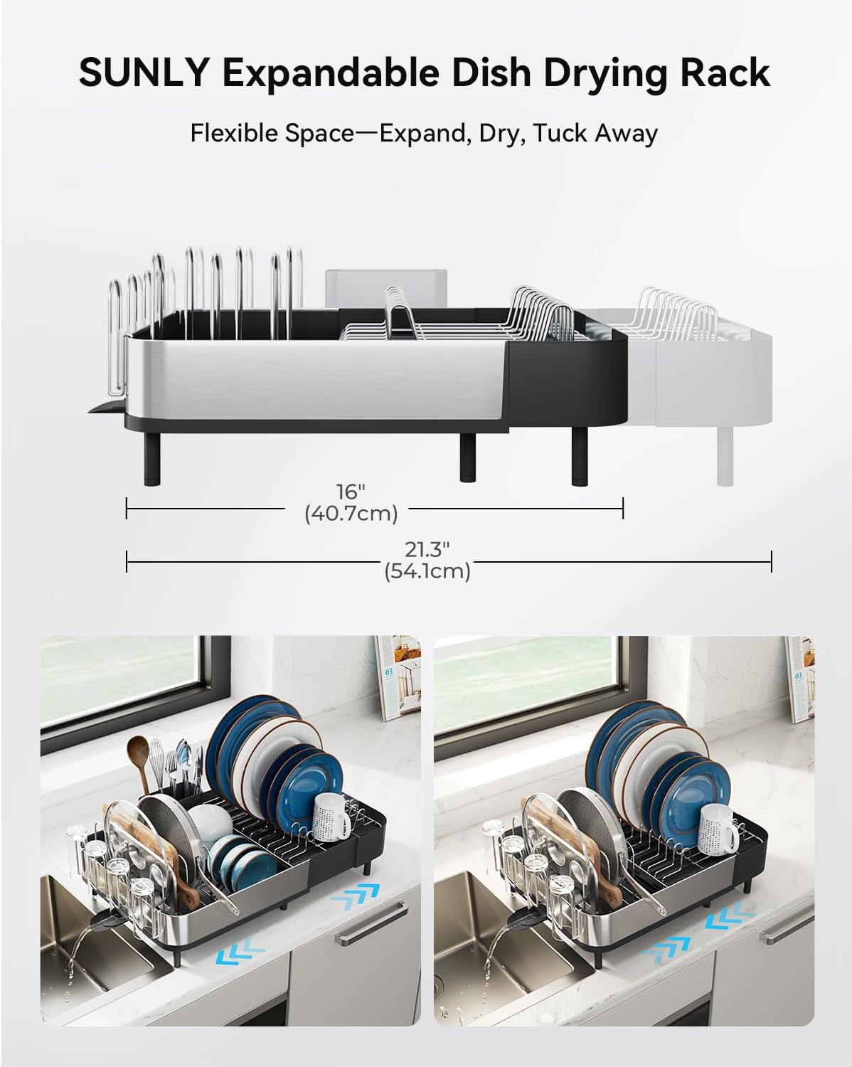 SUNLY Expandable Dish Drying Rack, Versatile Brackets for Pots & Pans, Space Saving Kitchen Drying Rack, Dish Racks for Kitchen Counter, Stainless Steel Dish Drainers with Extendable Spout, Black