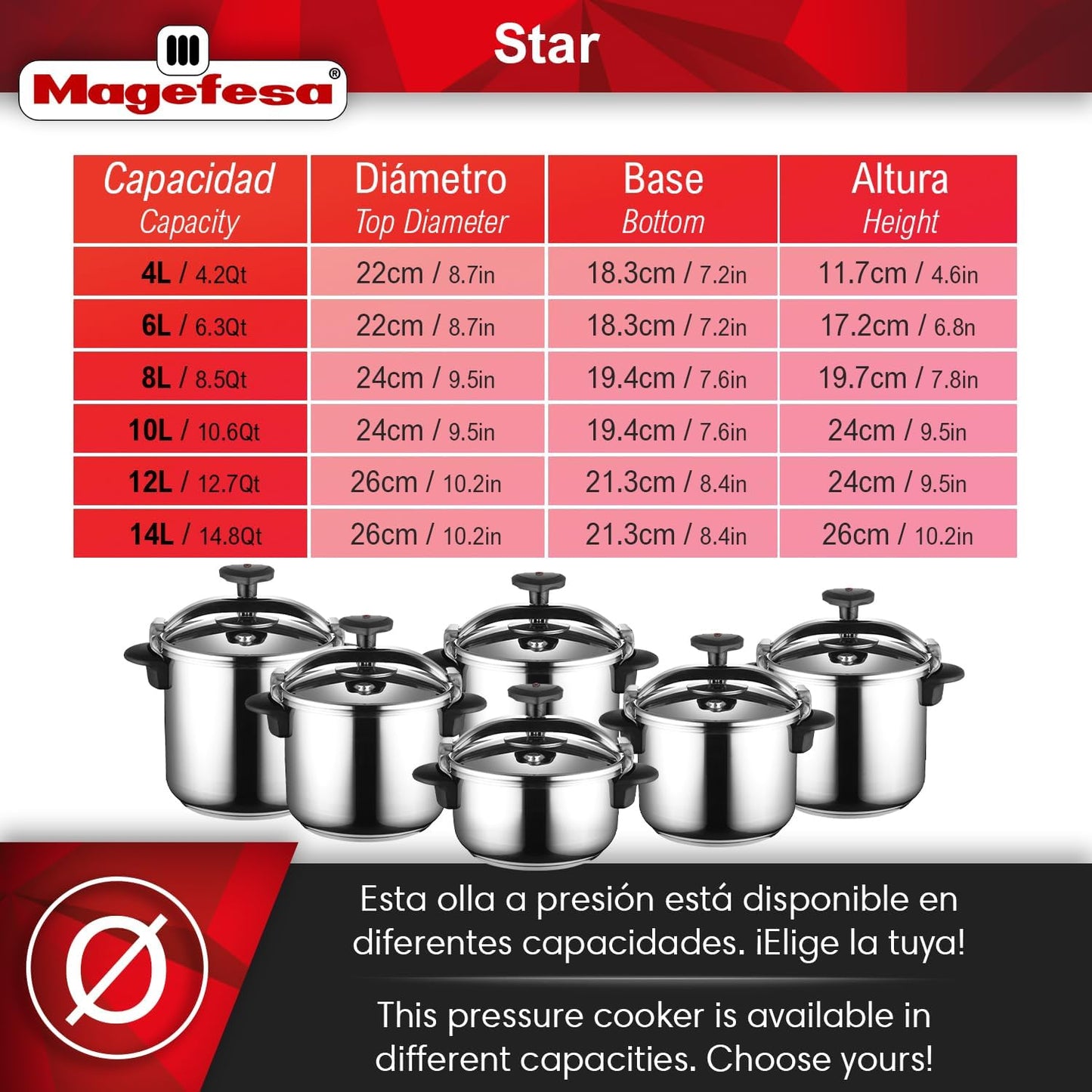 MAGEFESA Star Pressure Cooker, 8.4-Quart, 18/10 Stainless Steel, Works on All Stovetops (Induction Compatible), Safety Lock & 8 PSI Cooking