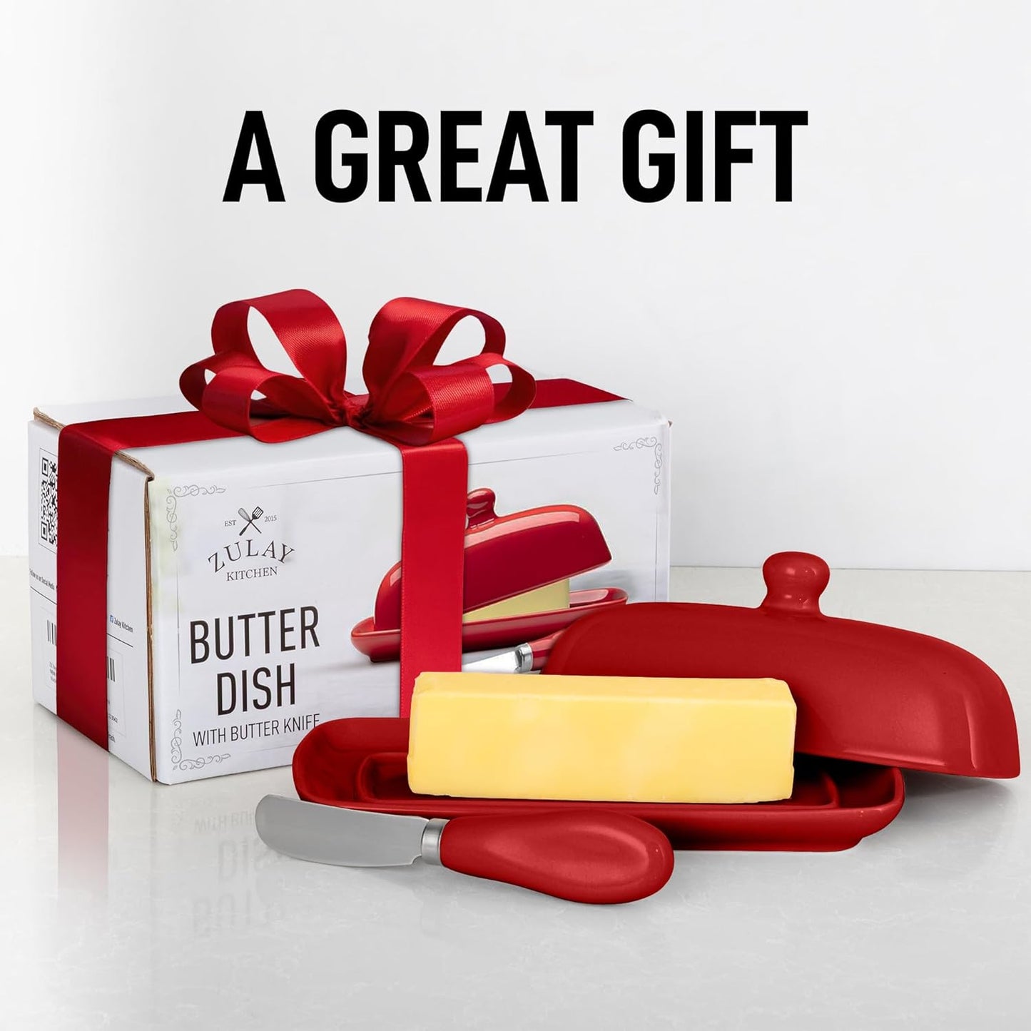 Zulay Butter Dish With Lid For Countertop - Porcelain White, Ceramic Butter Dish with Knob Handle Great for Cooking - Elegant Design Butter Holder - Durable & Sturdy Butter Keeper - Red