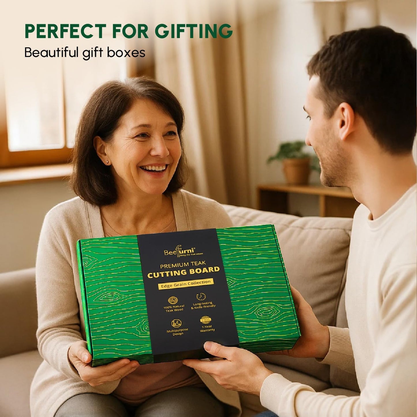 BEEFURNI Teak Wood Cutting Board with Juice Groove Hand Grip (L, 22x16x1.25"), Large Wooden Cutting Boards for Kitchen, Chopping Board Wood, Mother's Day Gifts, 1 Year Manufacturer Warranty