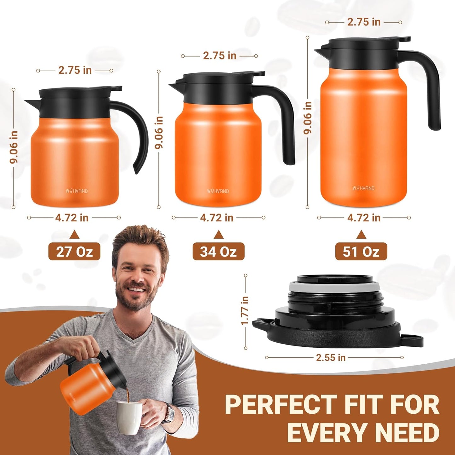 51Oz Thermal Coffee Carafes For Keeping Hot/Cold, Stainless Steel Coffee Carafe, Dustproof Insulated Water Carafe for Party/Home,Orange