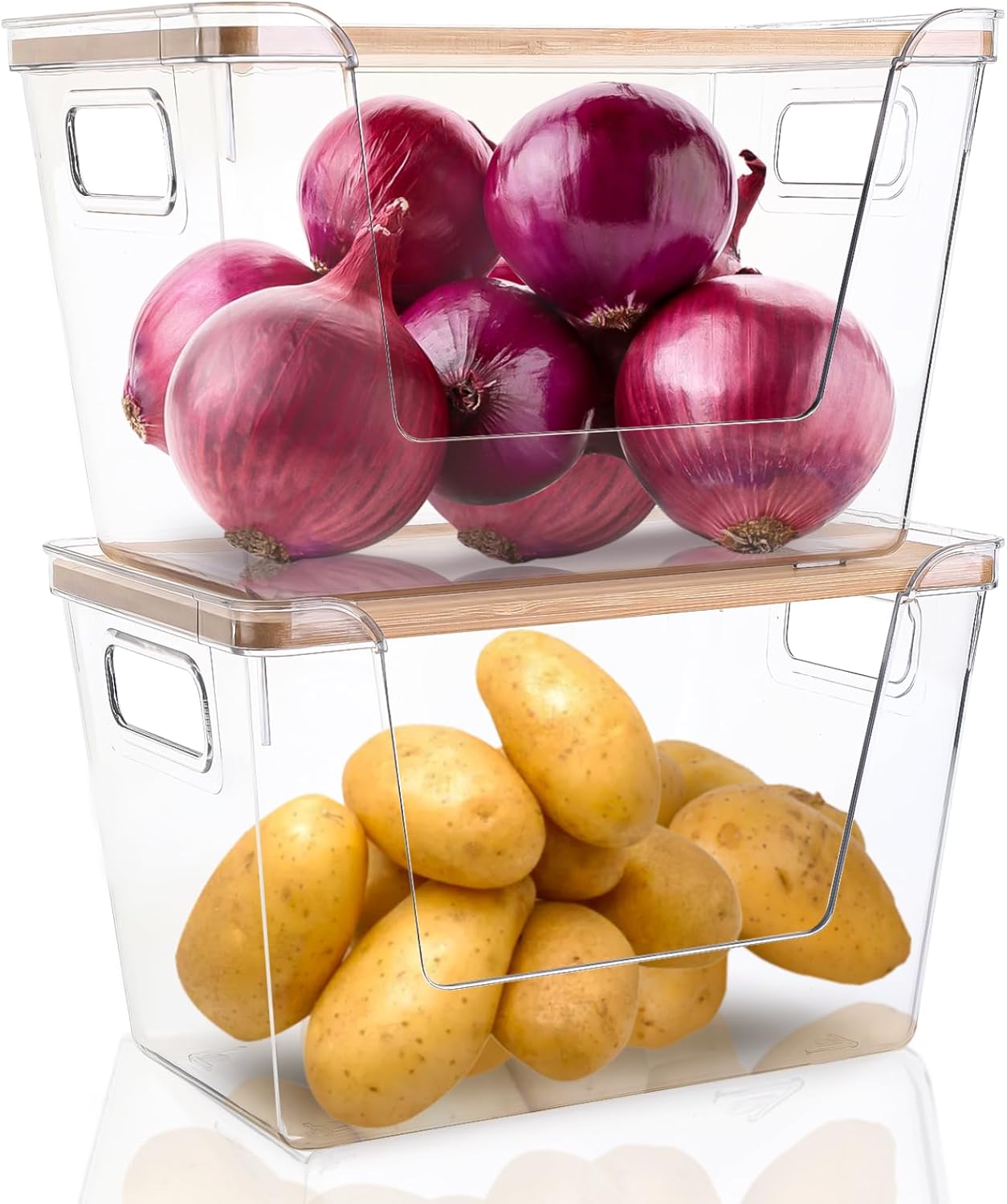 2 Set Pantry Organizers and Storage - Stackable Pantry Storage Bin Containers for Potato, Onion, Garlic, Fruit, Vegetable, Produce - Clear Front Open Kitchen Organization Baskets with Lid