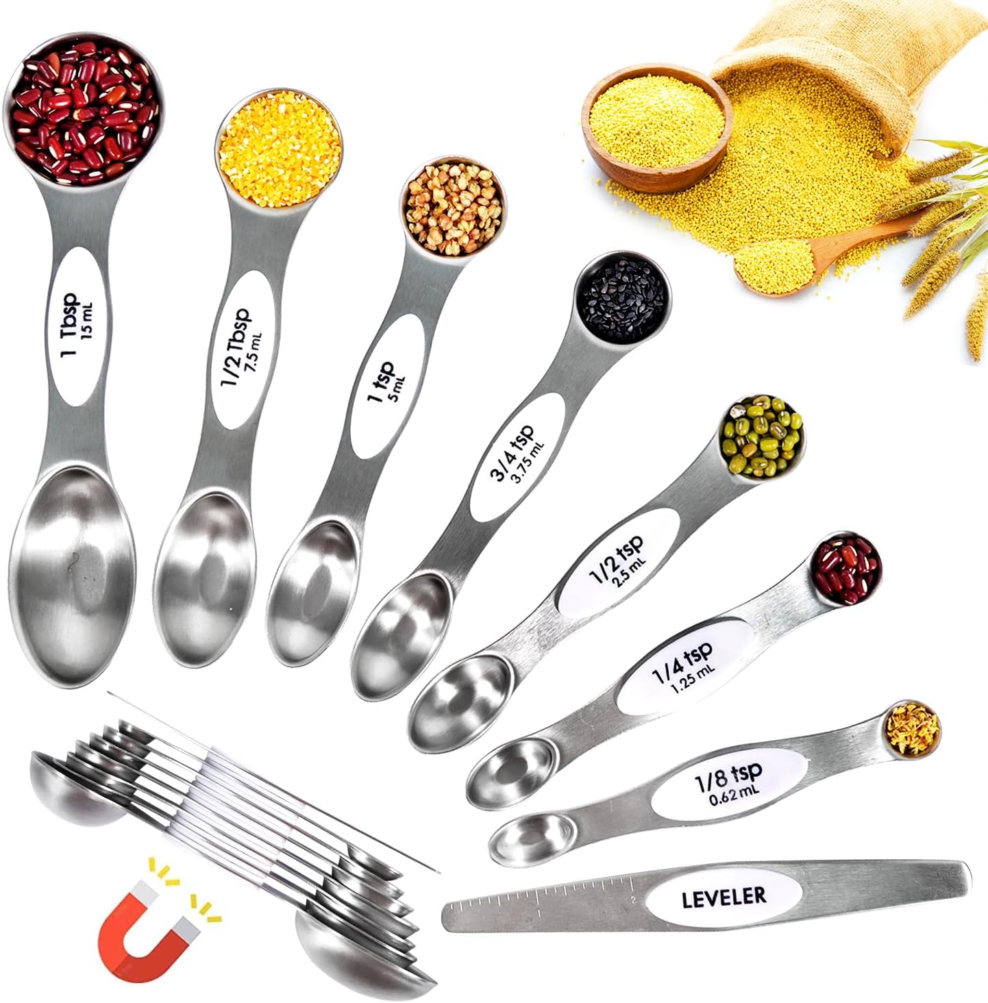 18 Pieces Measuring Cups and Spoons set, Includes 10 Stackable Measuring Cup with Lid and 8 Magnetic Measuring Spoons, for Liquid and Dry Ingredient, BPA Free (White)
