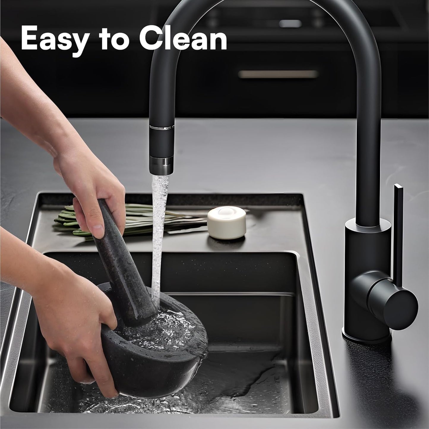 H&S Mortar and Pestle Set - Large Premium Solid Granite Stone Grinder Set - 16cm (6.3") Diameter - for Crushing & Mashing Herbs & Spices - Black