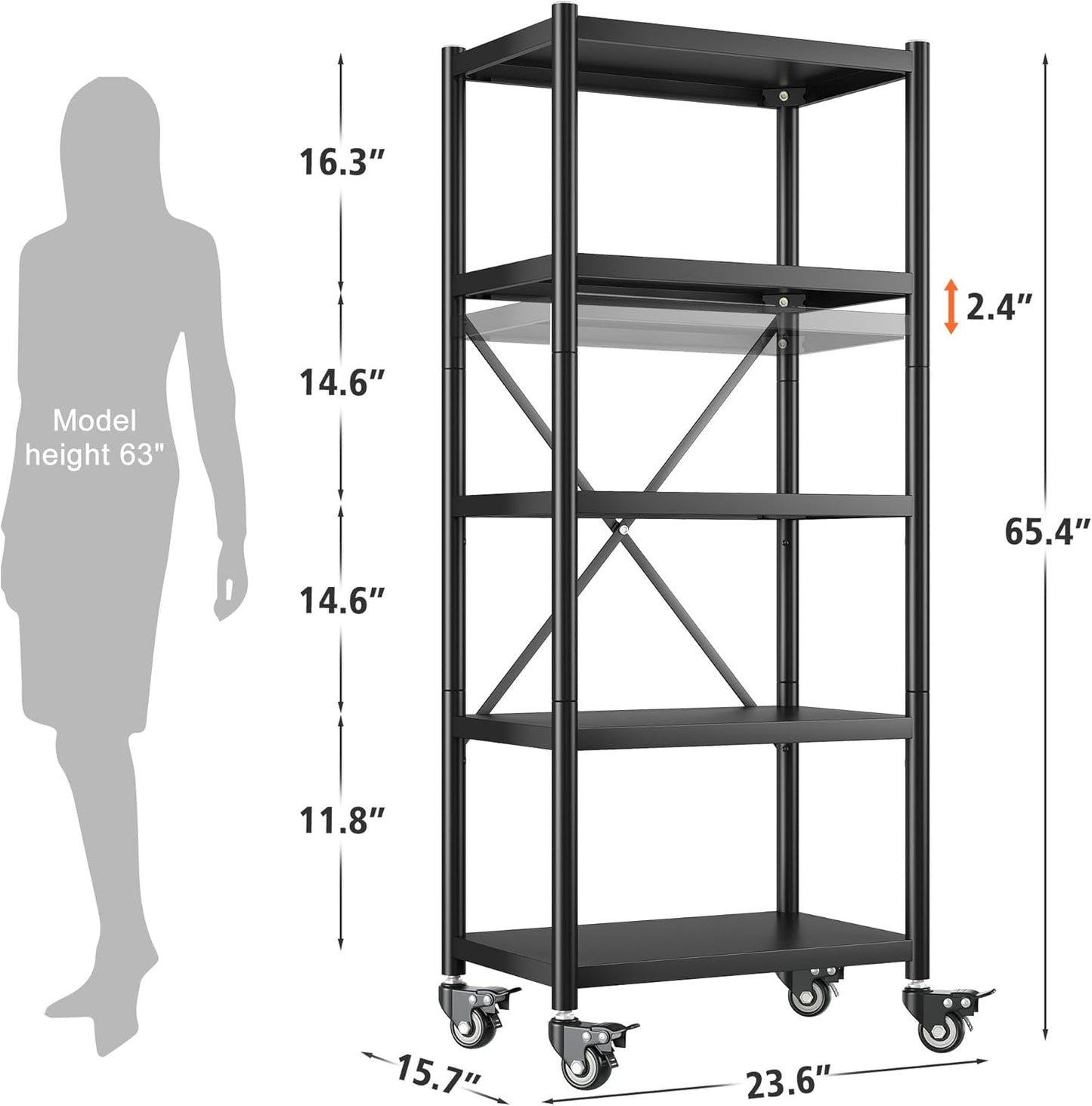 REIBII 5 Tier Metal Shelving Unit Load 1168LBS,Storage Shelves with Wheels,Wire Garage Shelving Commercial Shelf Organizer for Laundry Kitchen Pantry Closet Living Room,23.6" W X 15.7" D X 65.4" H