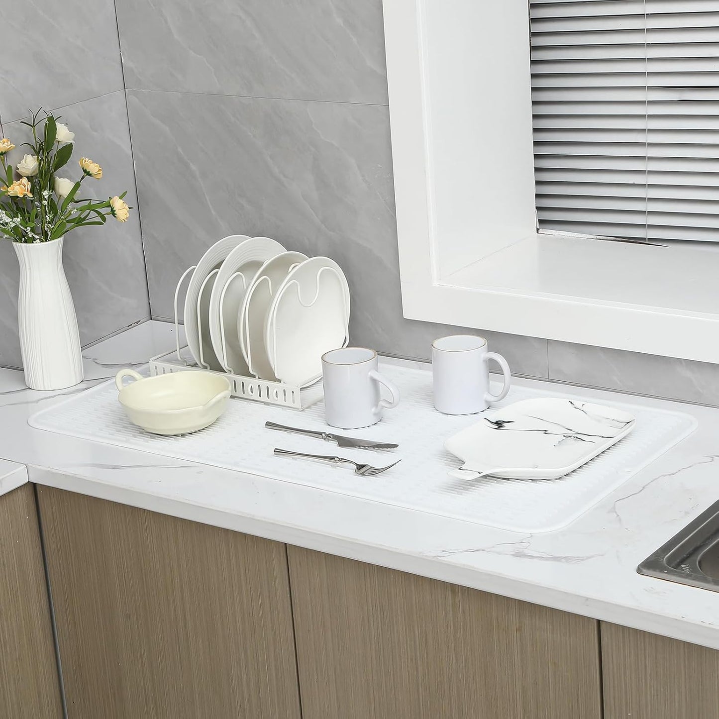 Silicone Dish Drying Mat for Multiple Usage,Easy clean,Eco-friendly,Heat-resistant Silicone Mat for Kitchen Counter or Sink,Refrigerator or Drawer Liner White 5XL 36inches x 18inches