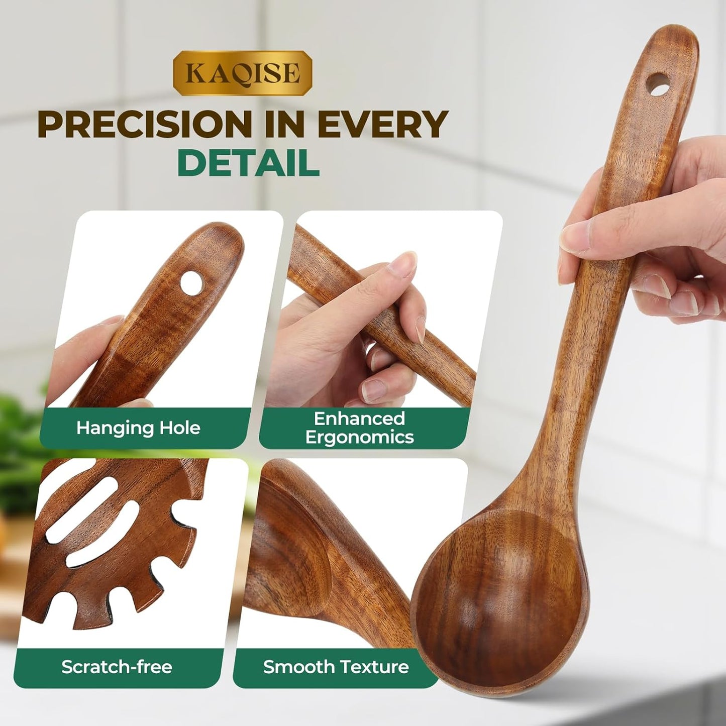 Wooden Spoons for Cooking, 2PCS Natural Teak Wooden Utensils, NonStick Kitchen Utensils Set for Stirring,Serving Spaghetti, Soup, Sauce (Ladle & Pasta Fork)