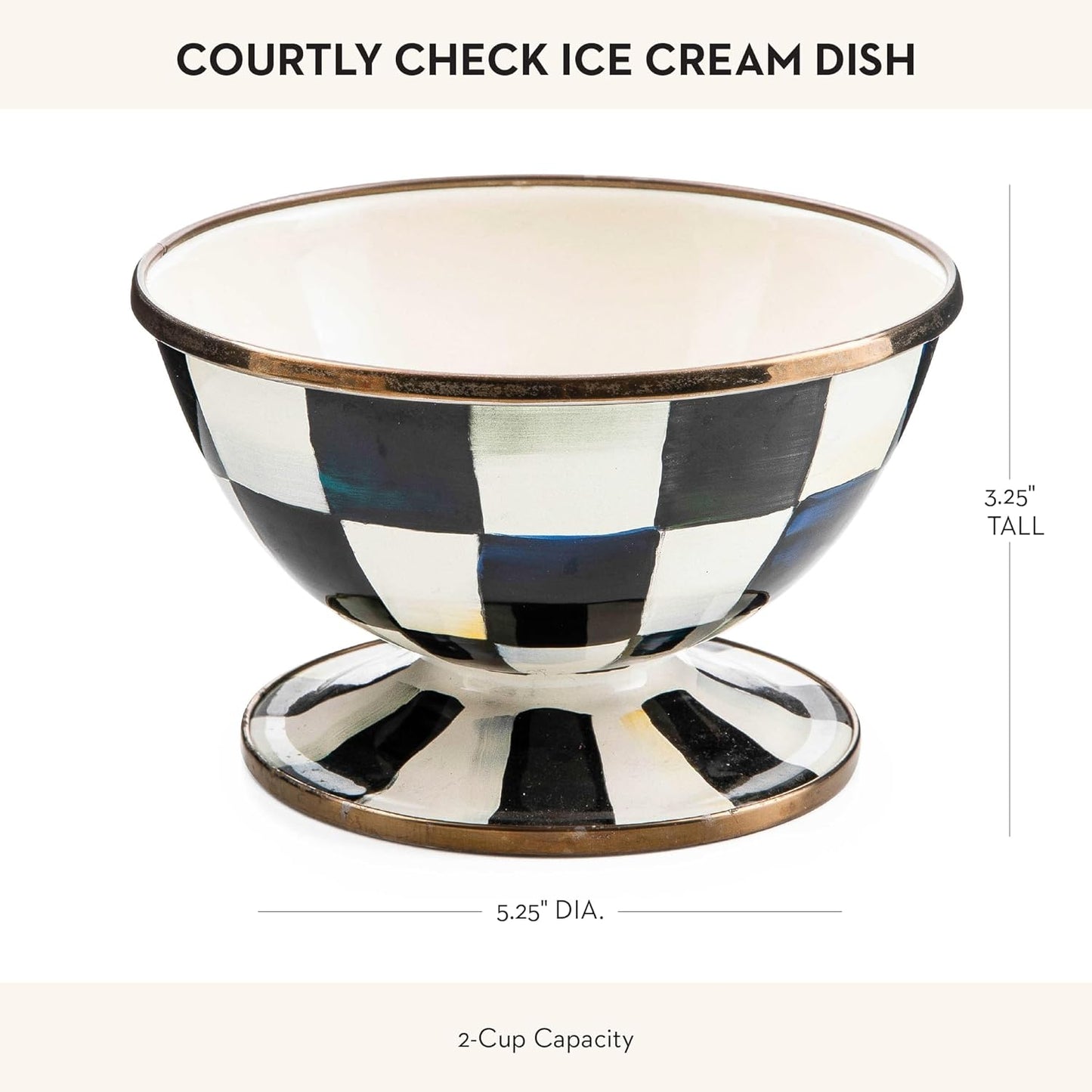 MACKENZIE-CHILDS Enamel Ice Cream Bowl, Serving Bowls for Entertaining, 2-Cup Capacity, Black-and-White Courtly Check
