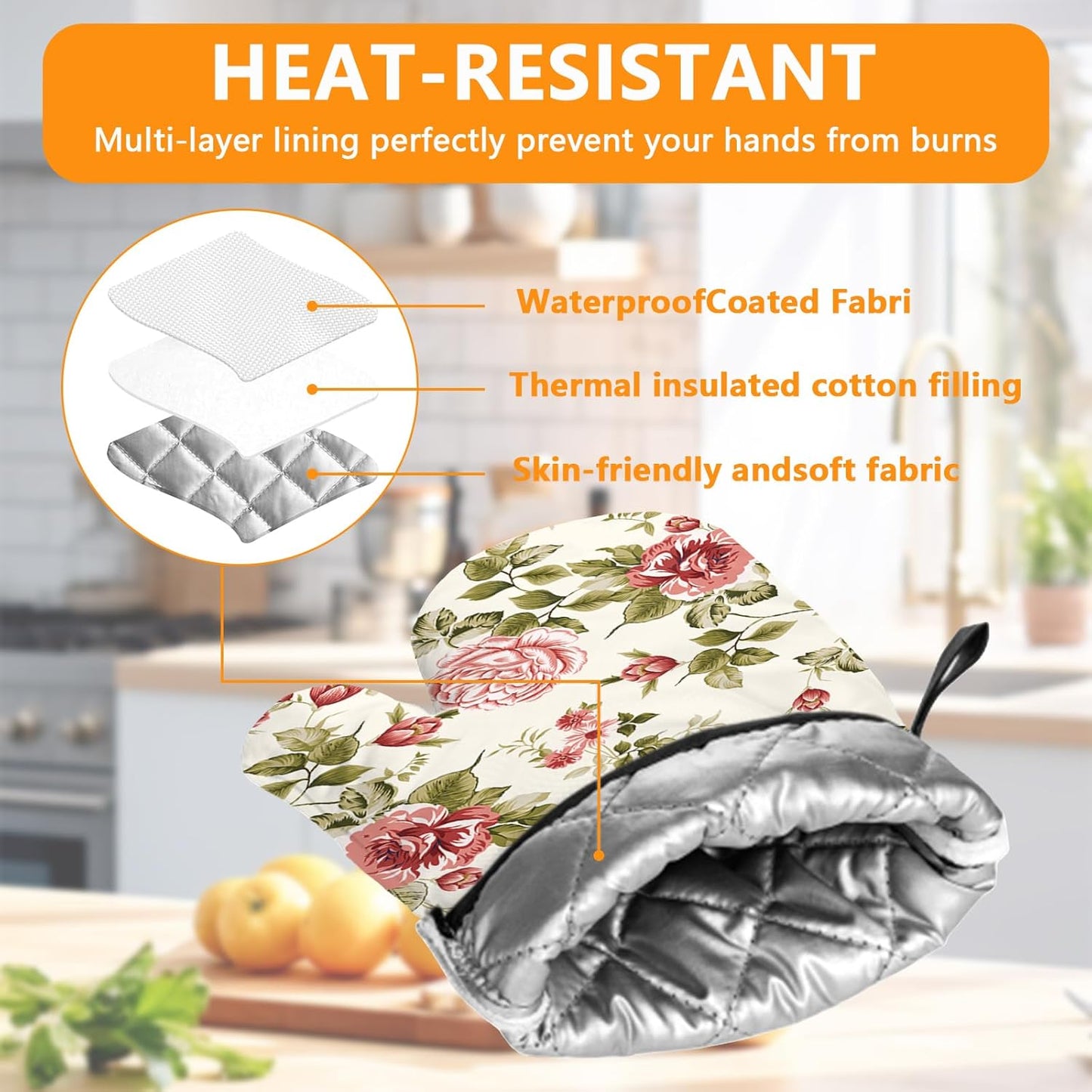 Red Rose Oven Mitts and Pot Holders Sets 4Pcs,Extra Long Oven Gloves Potholder for Kitchen Cooking Baking BBQ 100% Cotton Heat Resistant