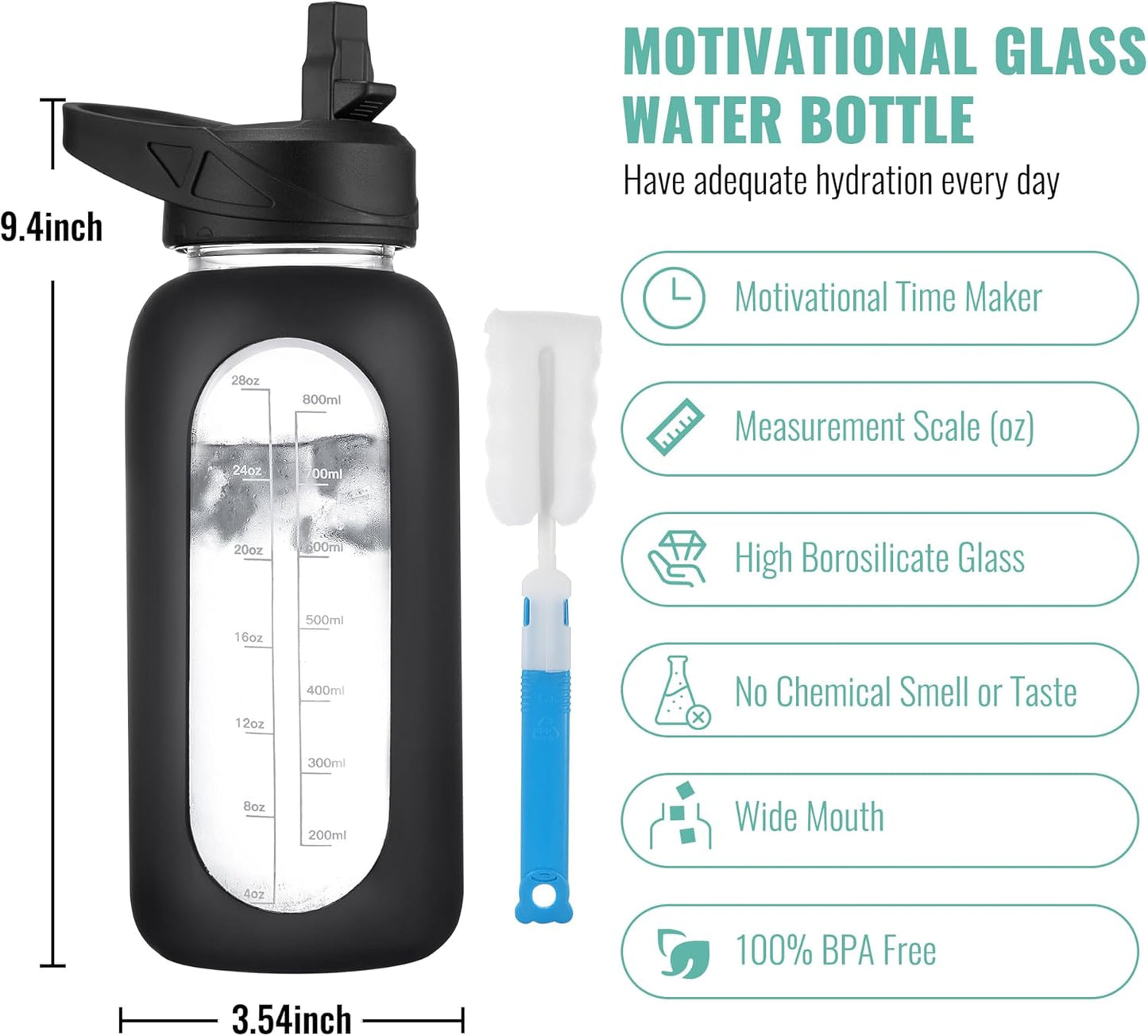 CIVAGO 40 oz Glass Water Bottle with Straw and Handle, Large Sports Motivational Water Bottle Flask with Time Marker and 2 Lids, Leakproof Water Jug Canteen with Silicone Sleeve for Gym,Sage