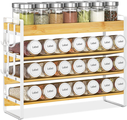 EsLuker.ly Spice Seasoning Rack Organizer Kitchen Countertop, 4 Tier Bamboo Spice Shelf Holder Storage with 4 Hooks, Wall Mounted Freestanding Stand for Pantry, Bamboo-White(Jars Not Included)