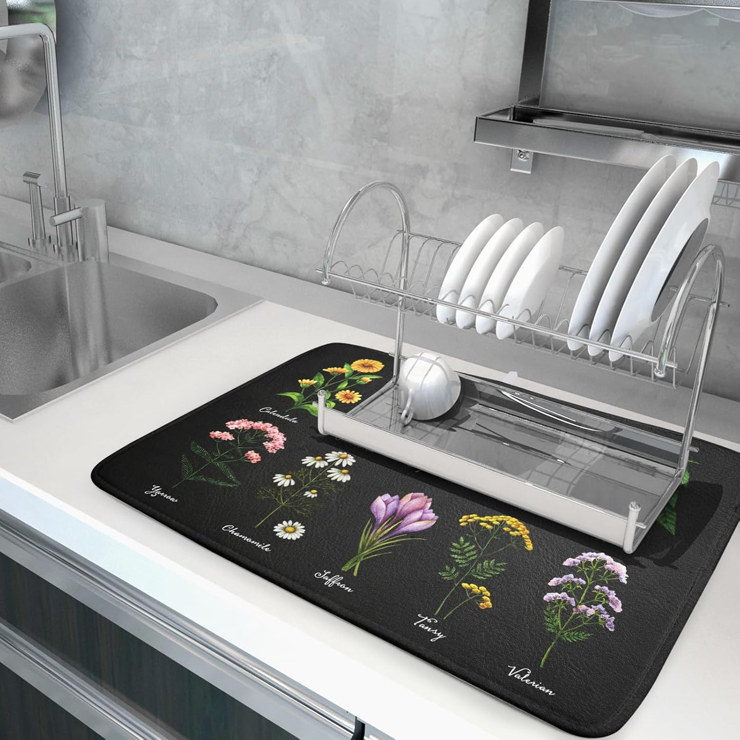 Black Flower Herbs Dish Drying Mat 18x24 Inch Botanical Floral Microfiber Drying Mats with Hanging Loop Foldable Absorbent Dish Drainer Rack Pad