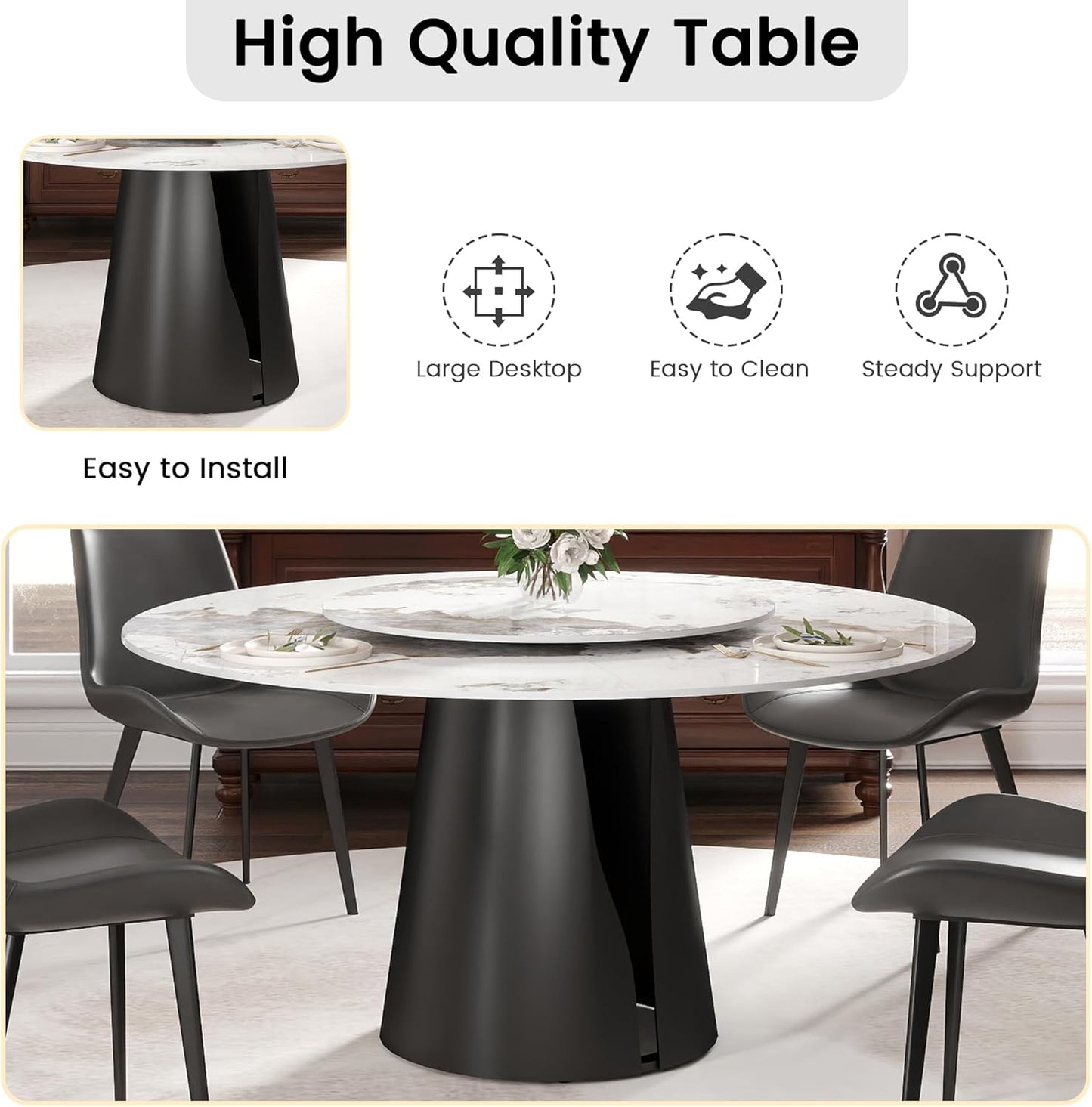 Montary 9 Piece Dining Table Chairs Set, Modern Dining Table Set of 8, Includes 59" D Marble Round Table with Black Carbon Steel Base, 8 Grey Black Dining Chairs for Home, Kitchen