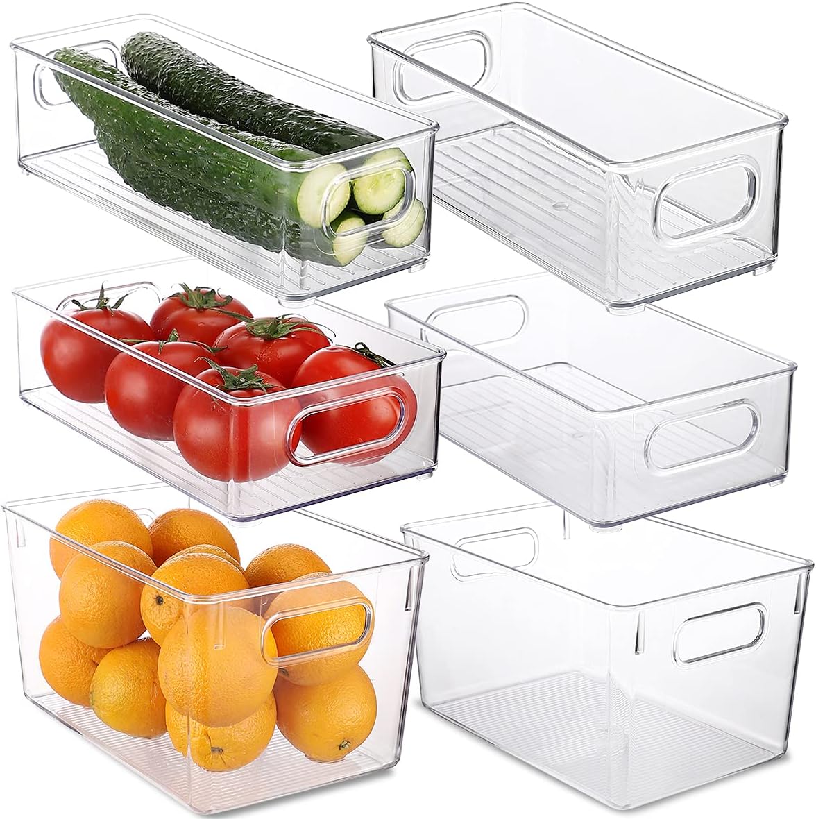 Set Of 6 Refrigerator Organizers and Storage,Stackable Large Clear Plastic Storage Bins with Handle,Freezer Organizer Bins,Perfect for Kitchen Cabinet Pantry Snack Containers,Closet Organization