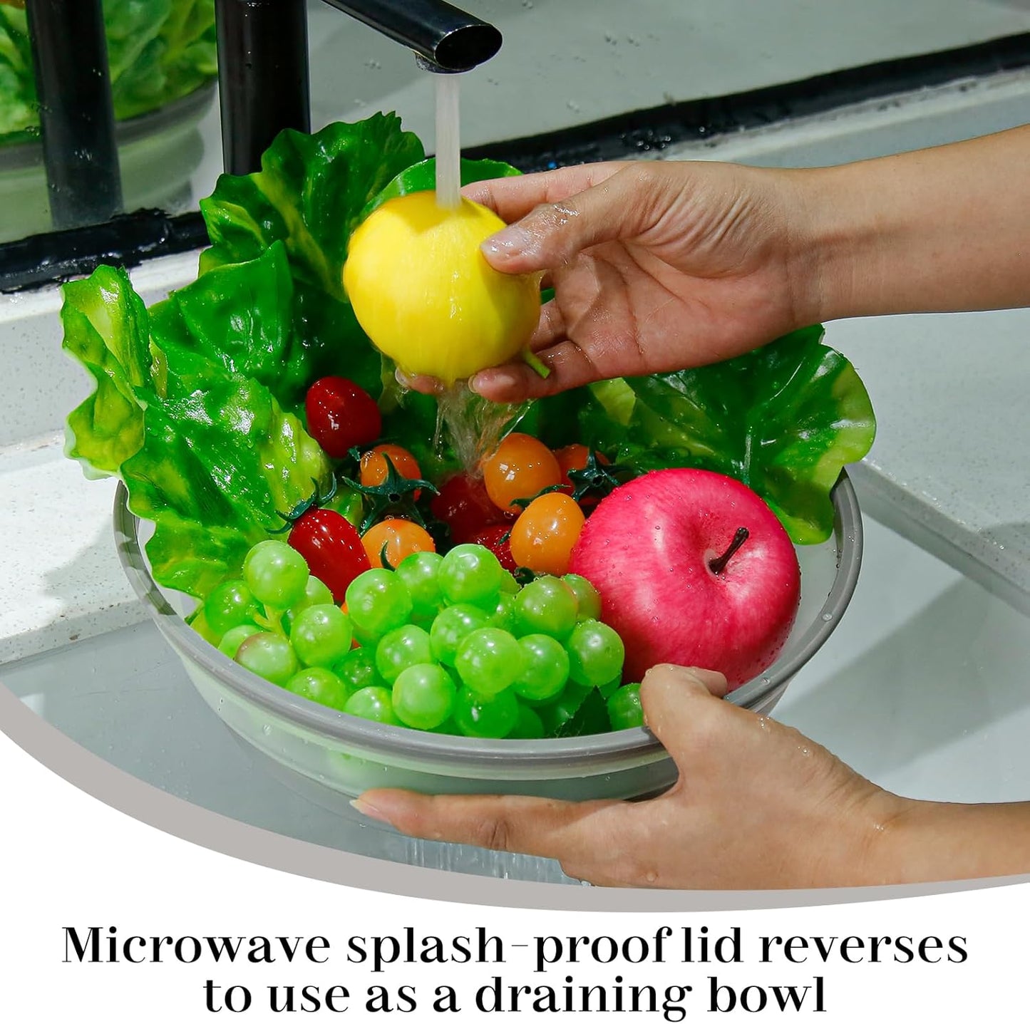 10.7 Inch Microwave Food Cover with Heat Insulation Mat, Anti-Scald Collapsible Microwave Splatter Cover, Multi-Functional as Colander & Fruit Plate, Dishwasher Safe, Ideal for Meal Prep (Gray)