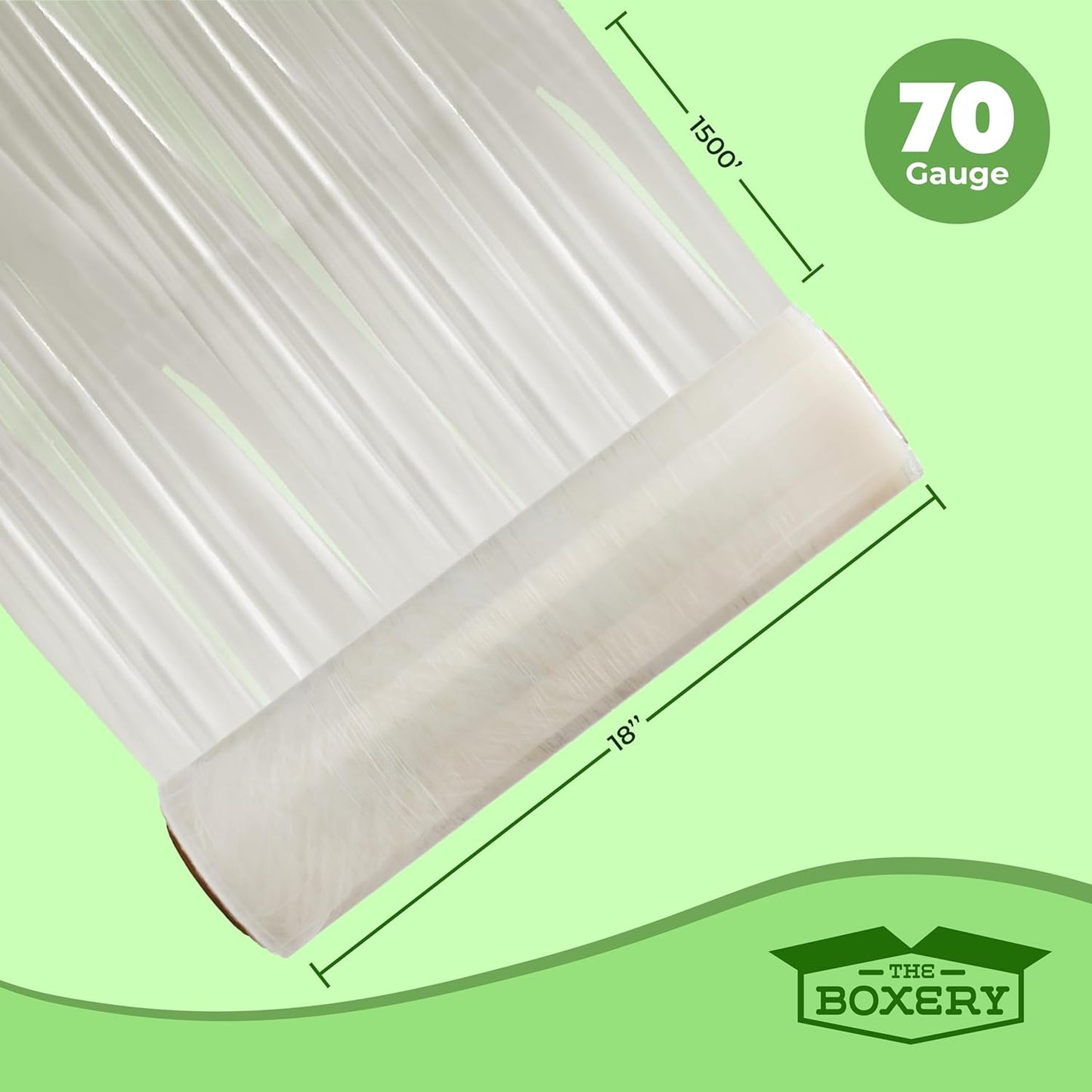 The Boxery- 18''X1500' Per Roll Stretch Wrap-4 Rolls/6000 Feet Total (70 Gauge) - Industrial Grade, Stretch Wrap Film Clear Cling Plastic for Shipping, Moving and Packaging