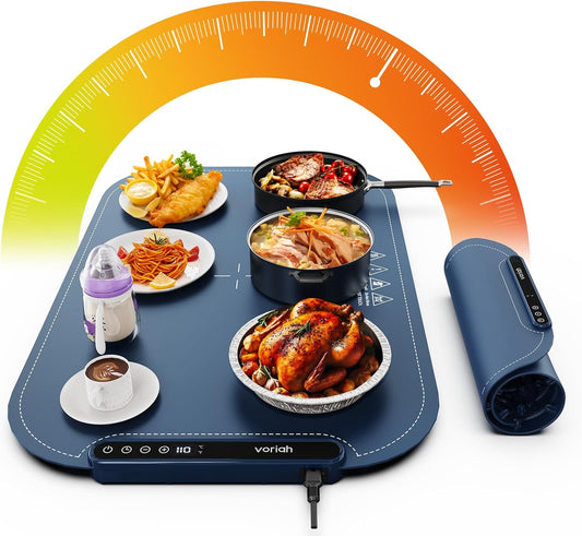 Warming Mat for Food, Voriah Electric Warming Tray with 99H Timer & 8 Temperature Settings, Foldable Food Warmer with °C/°F Switch, Keeps Food Warm at Buffets, Sabbath, Family Gatherings（Dark Blue）
